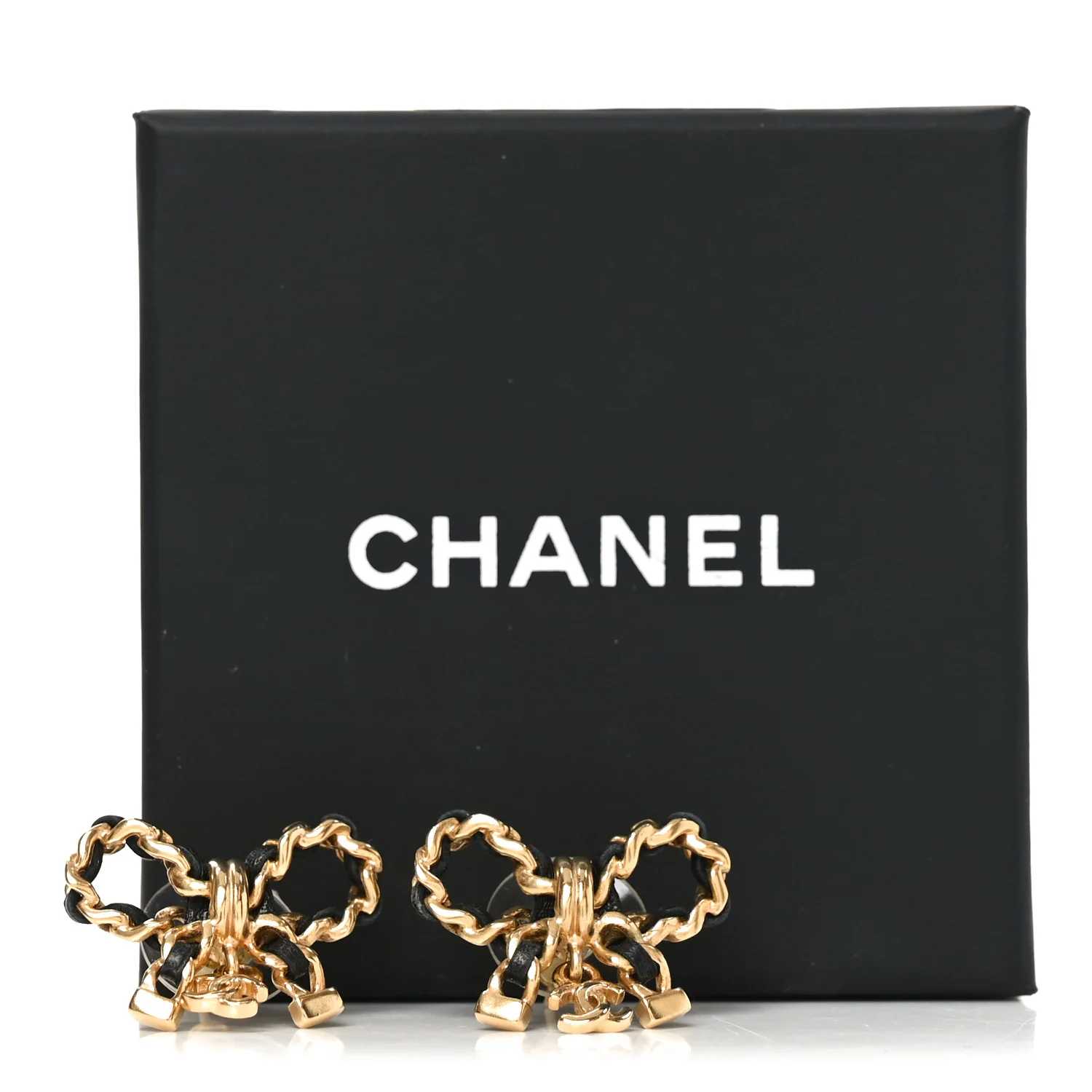 Lambskin Chain Bow Stud Earrings Black Gold - Image 5