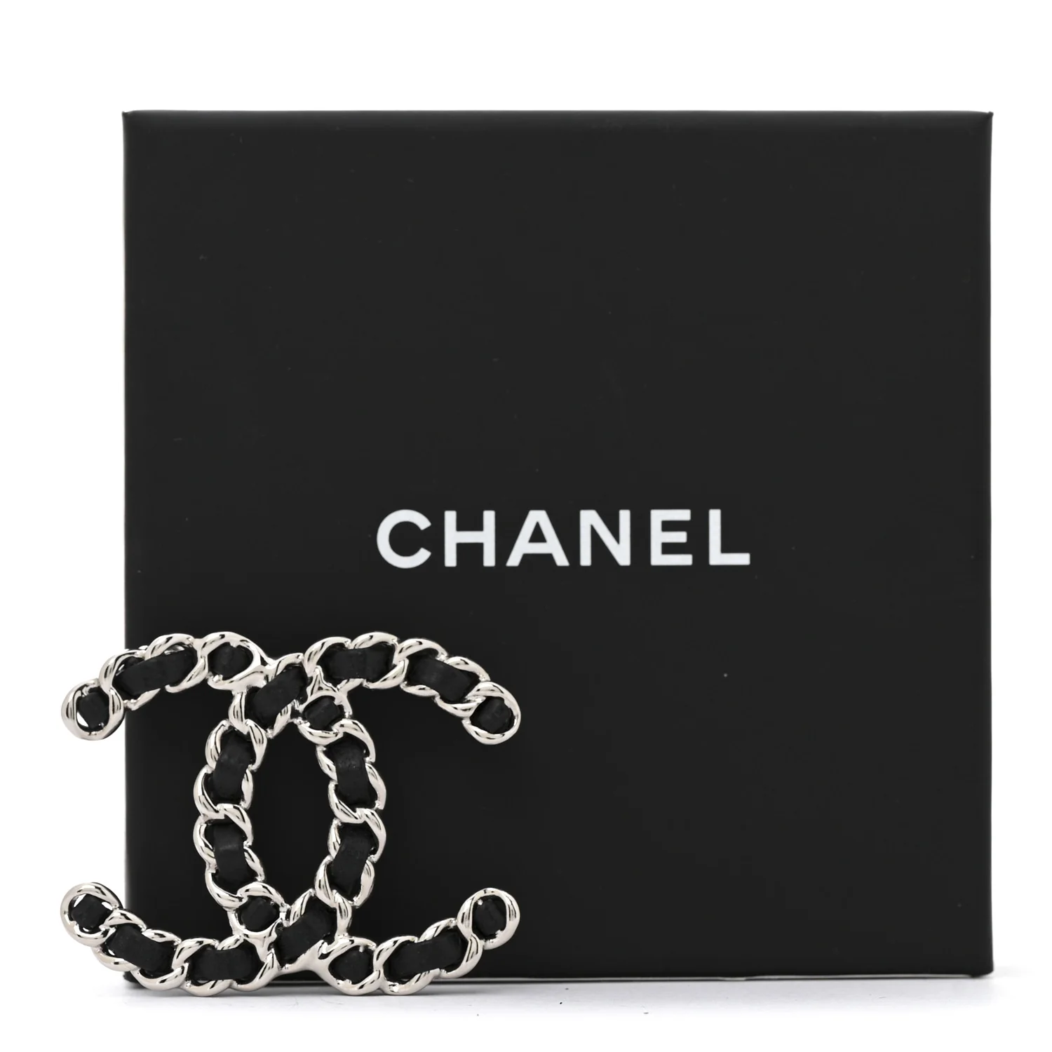 Lambskin Chain CC Brooch Black Silver - Image 4