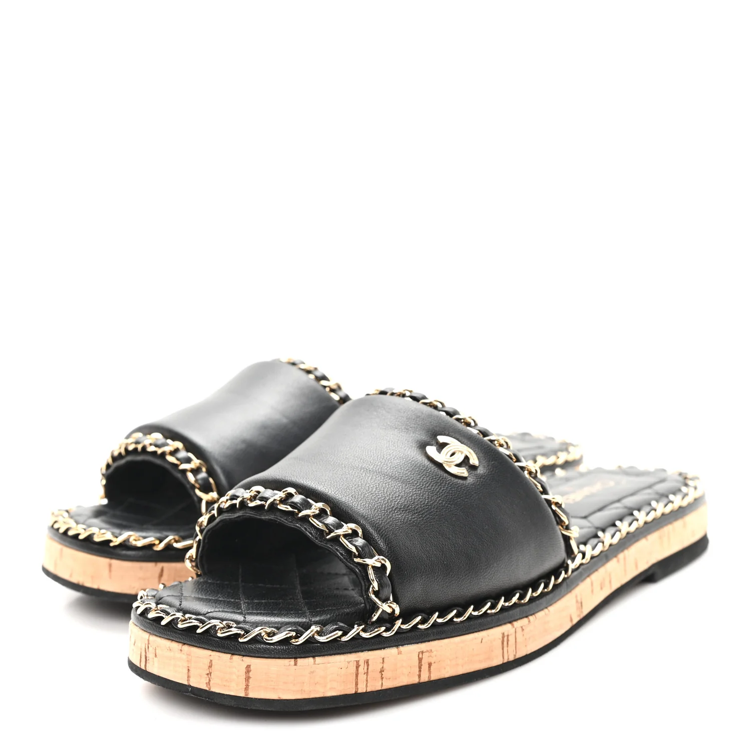 Lambskin Chain Cork Slide Sandals 37 Black - Image 4