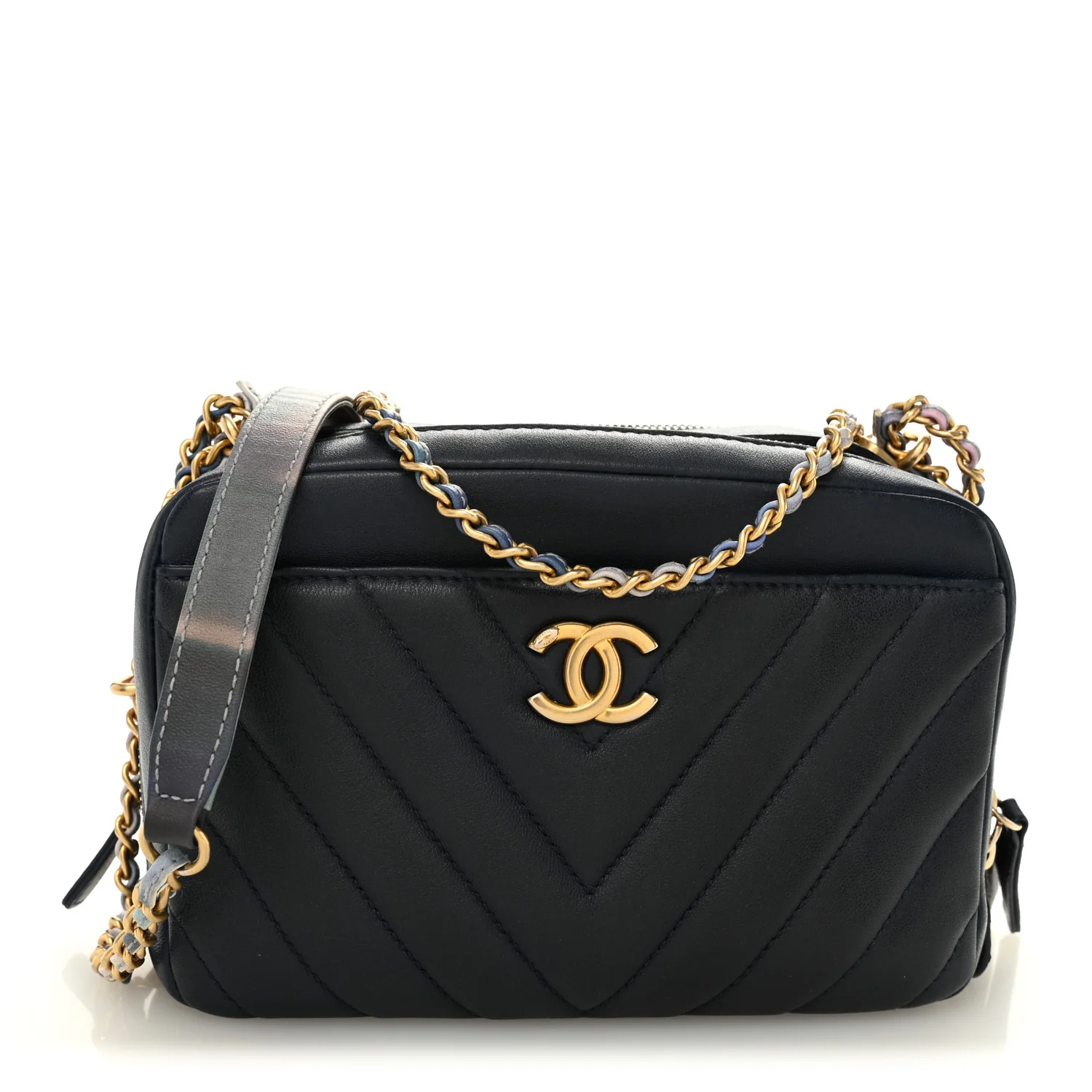 Lambskin Chevron Quilted Chain Around Camera Case Navy