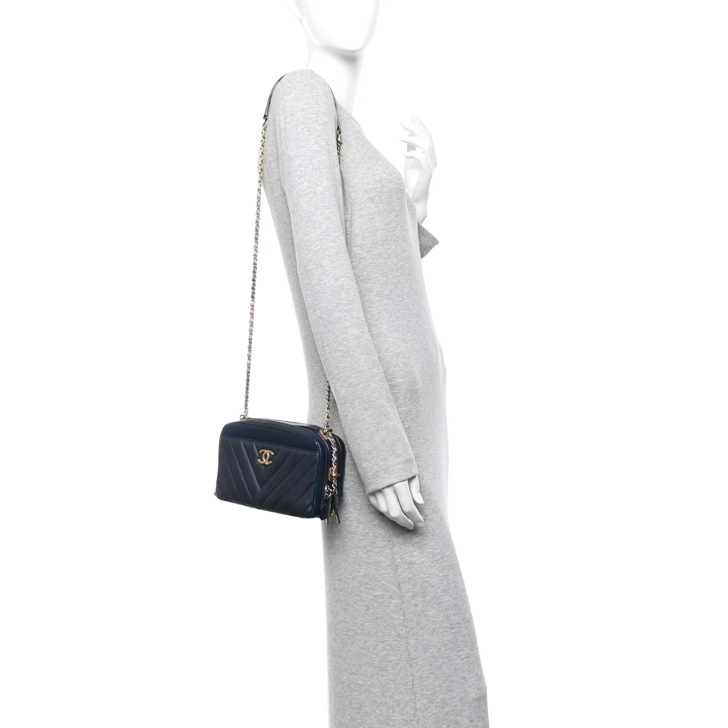Lambskin Chevron Quilted Chain Around Camera Case Navy - Image 2