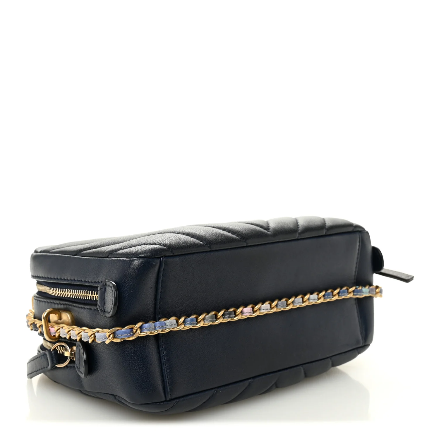 Lambskin Chevron Quilted Chain Around Camera Case Navy - Image 4