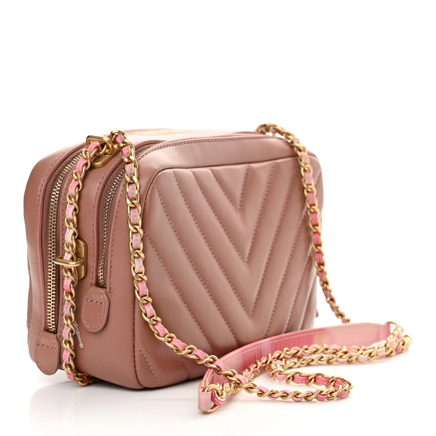 Lambskin Chevron Quilted Chain Around Camera Case Pink - Image 3