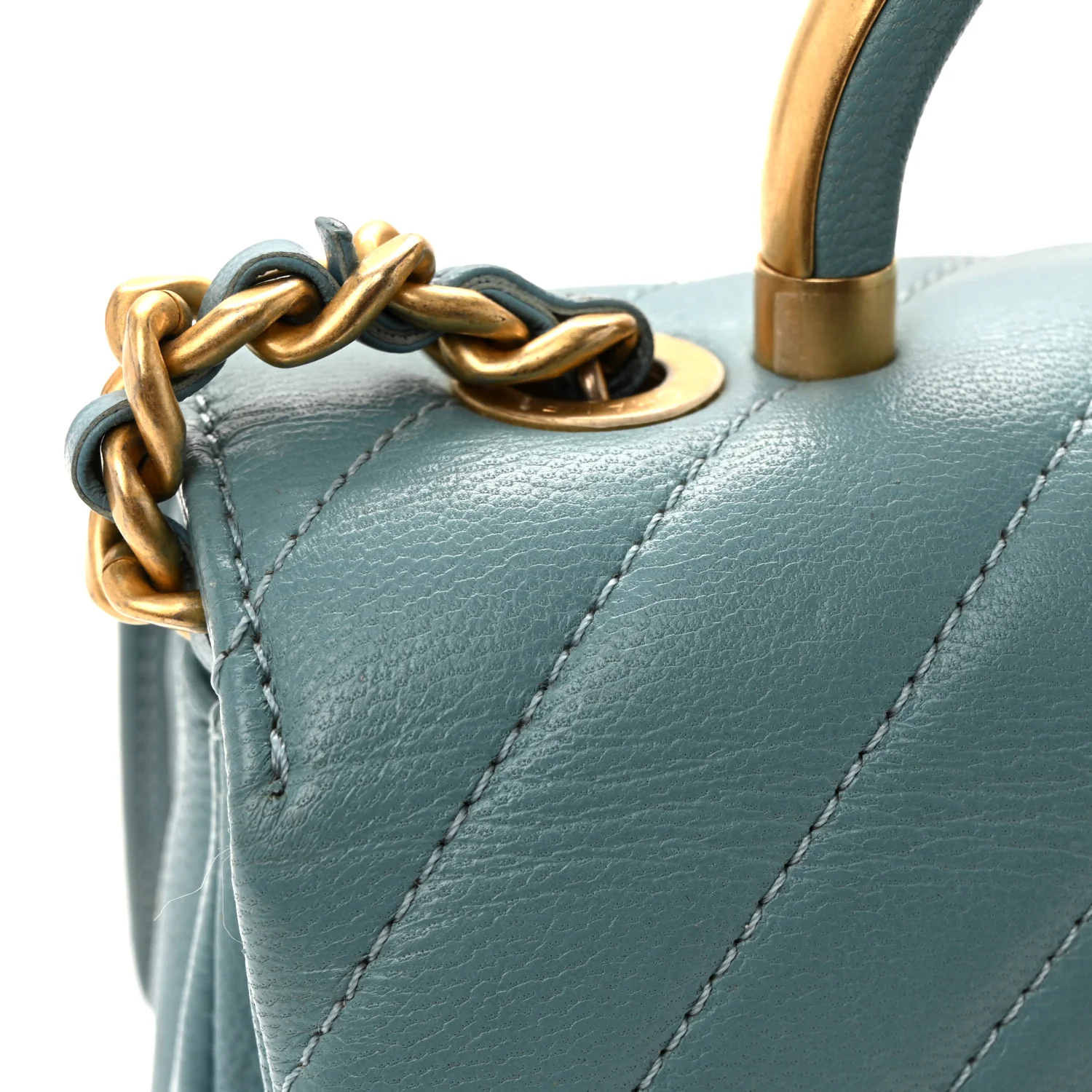 Lambskin Chevron Quilted Gold Top Handle Flap Bag Blue - Image 11