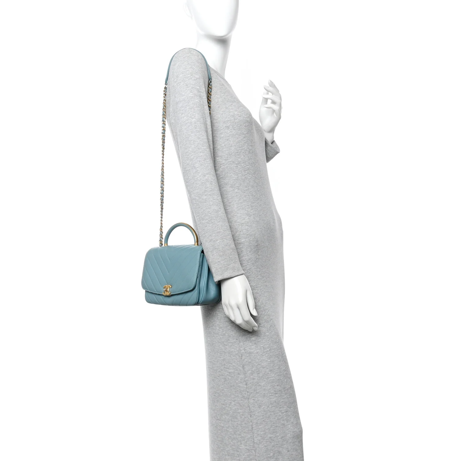 Lambskin Chevron Quilted Gold Top Handle Flap Bag Blue - Image 2