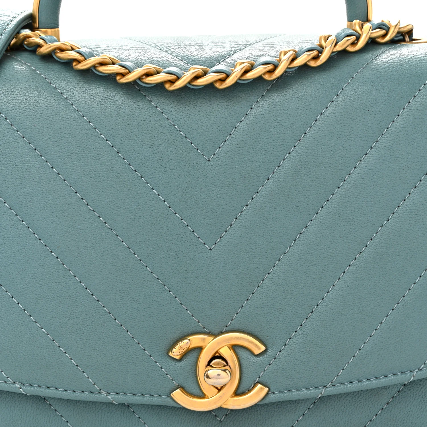 Lambskin Chevron Quilted Gold Top Handle Flap Bag Blue - Image 8