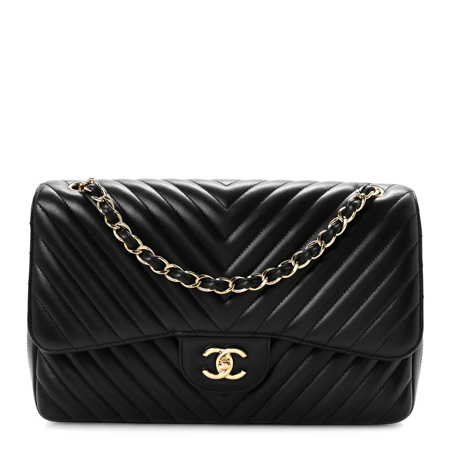 Lambskin Chevron Quilted Jumbo Double Flap Black
