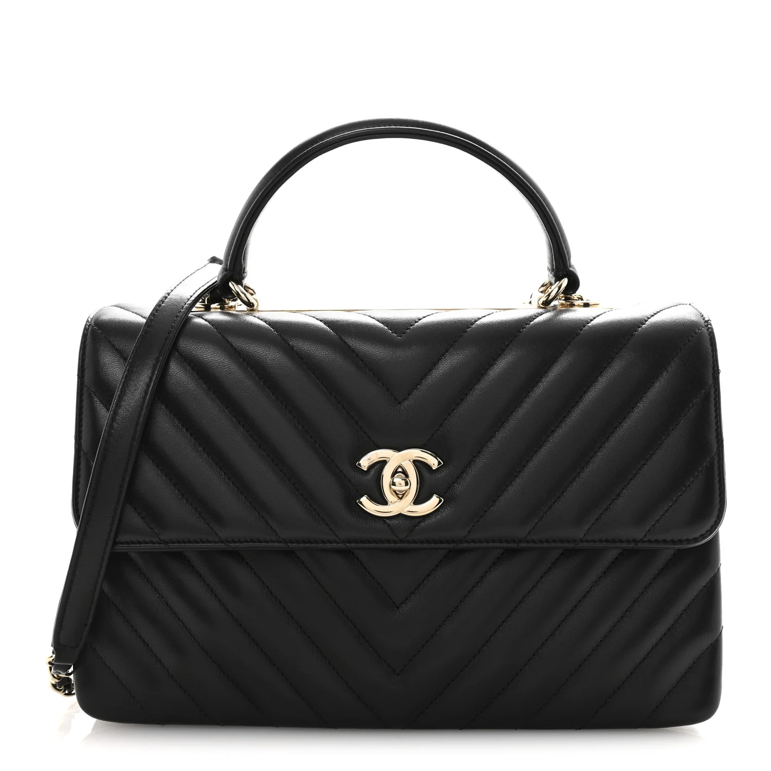 Lambskin Chevron Quilted Medium Trendy CC Dual Handle Flap Bag Black