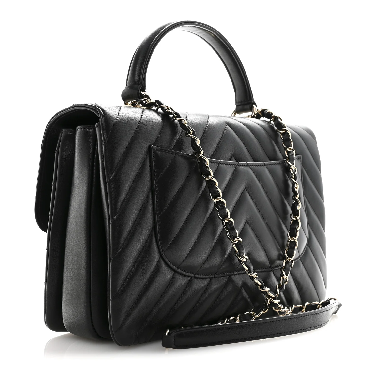 Lambskin Chevron Quilted Medium Trendy CC Dual Handle Flap Bag Black - Image 3