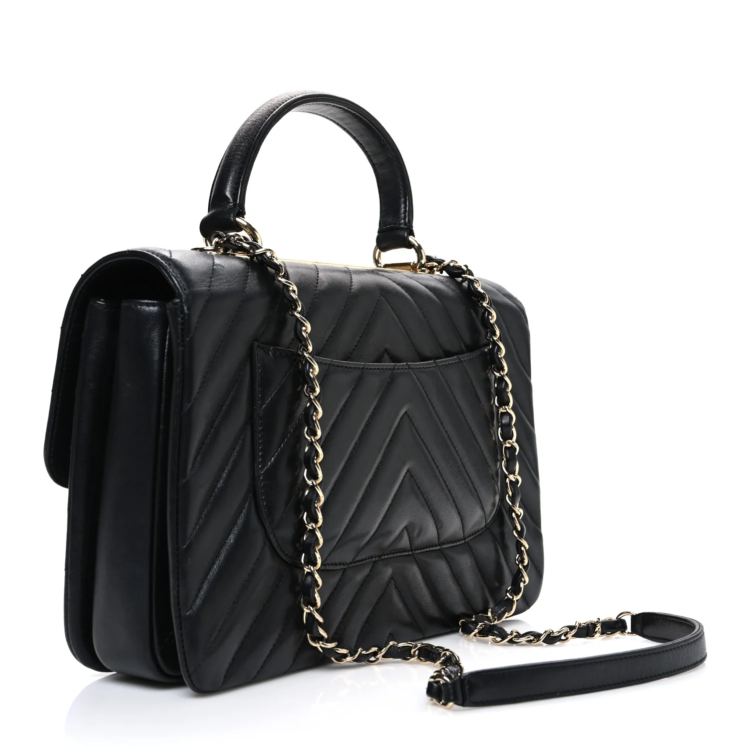 Lambskin Chevron Quilted Medium Trendy CC Dual Handle Flap Bag Black - Image 3