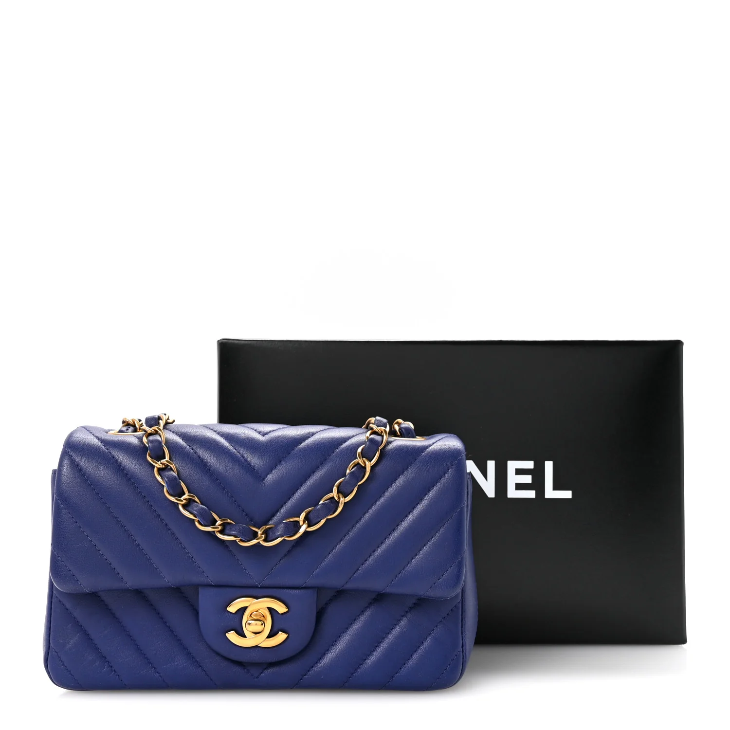 Lambskin Chevron Quilted Mini Rectangular Flap Blue - Image 13