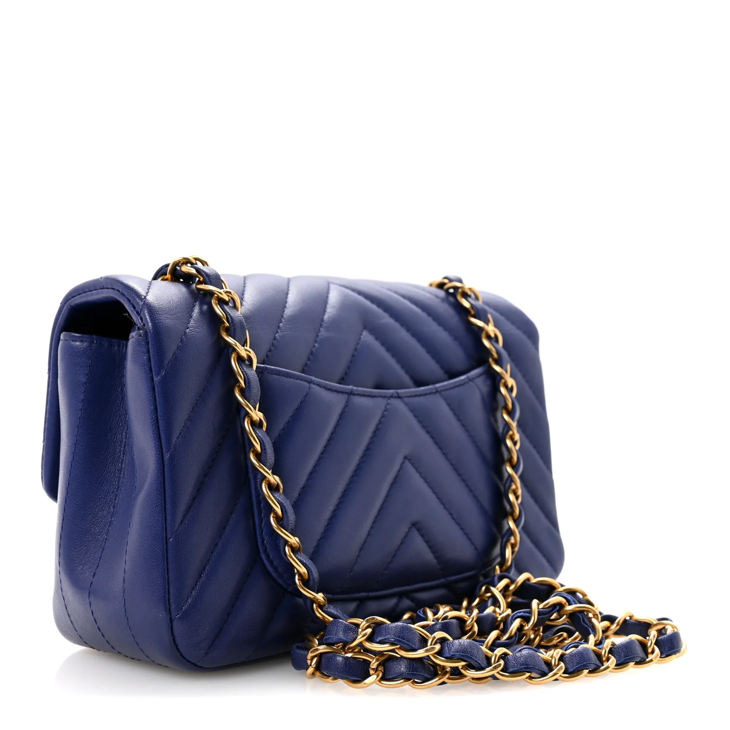 Lambskin Chevron Quilted Mini Rectangular Flap Blue - Image 3