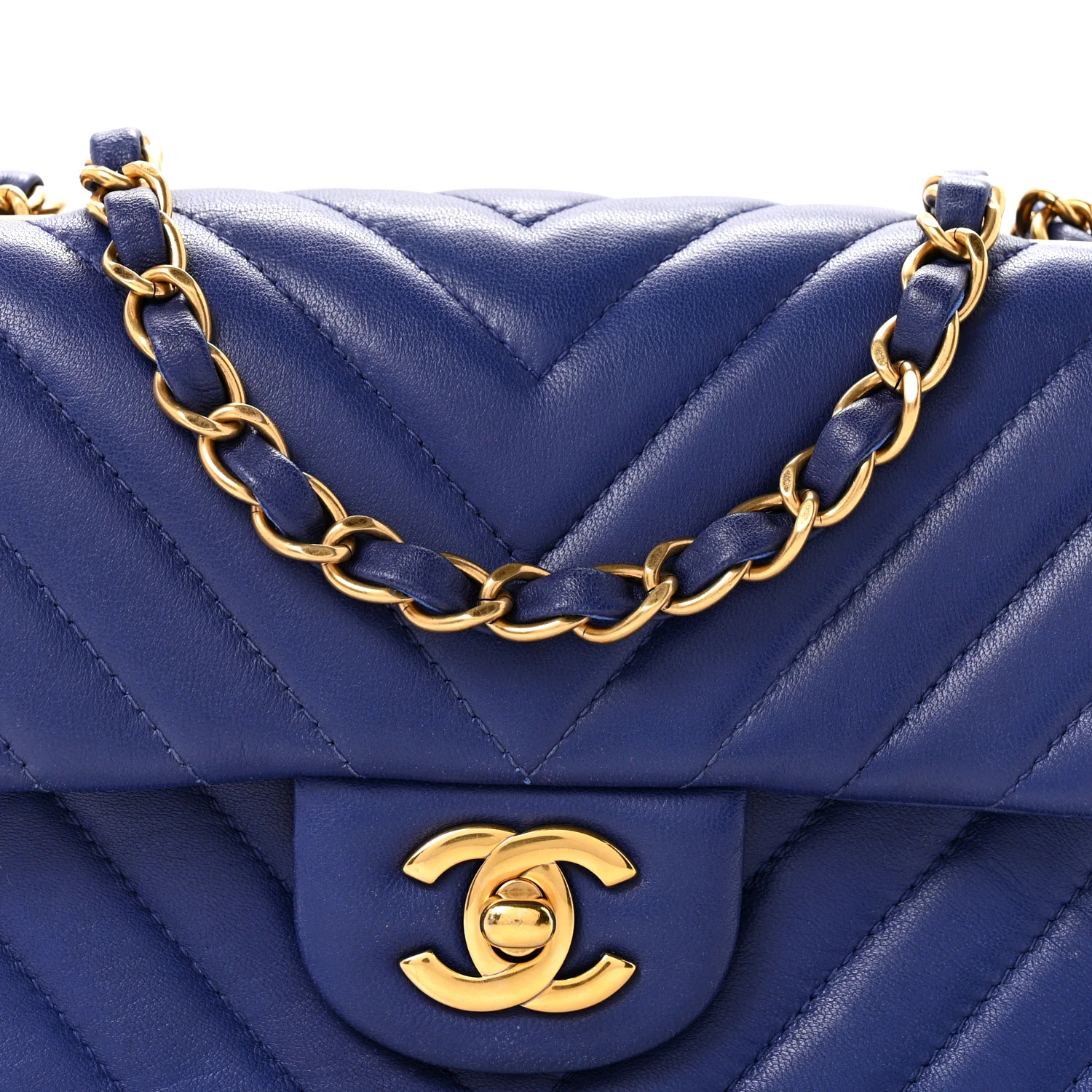 Lambskin Chevron Quilted Mini Rectangular Flap Blue - Image 8