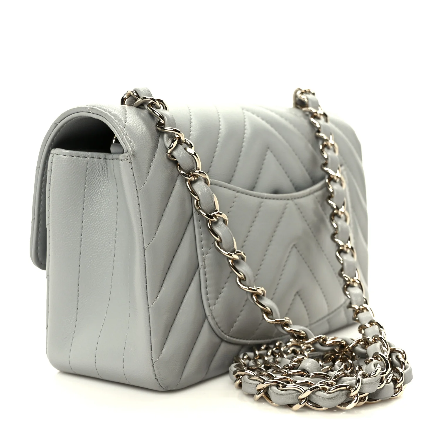 Lambskin Chevron Quilted Mini Rectangular Flap Grey - Image 3