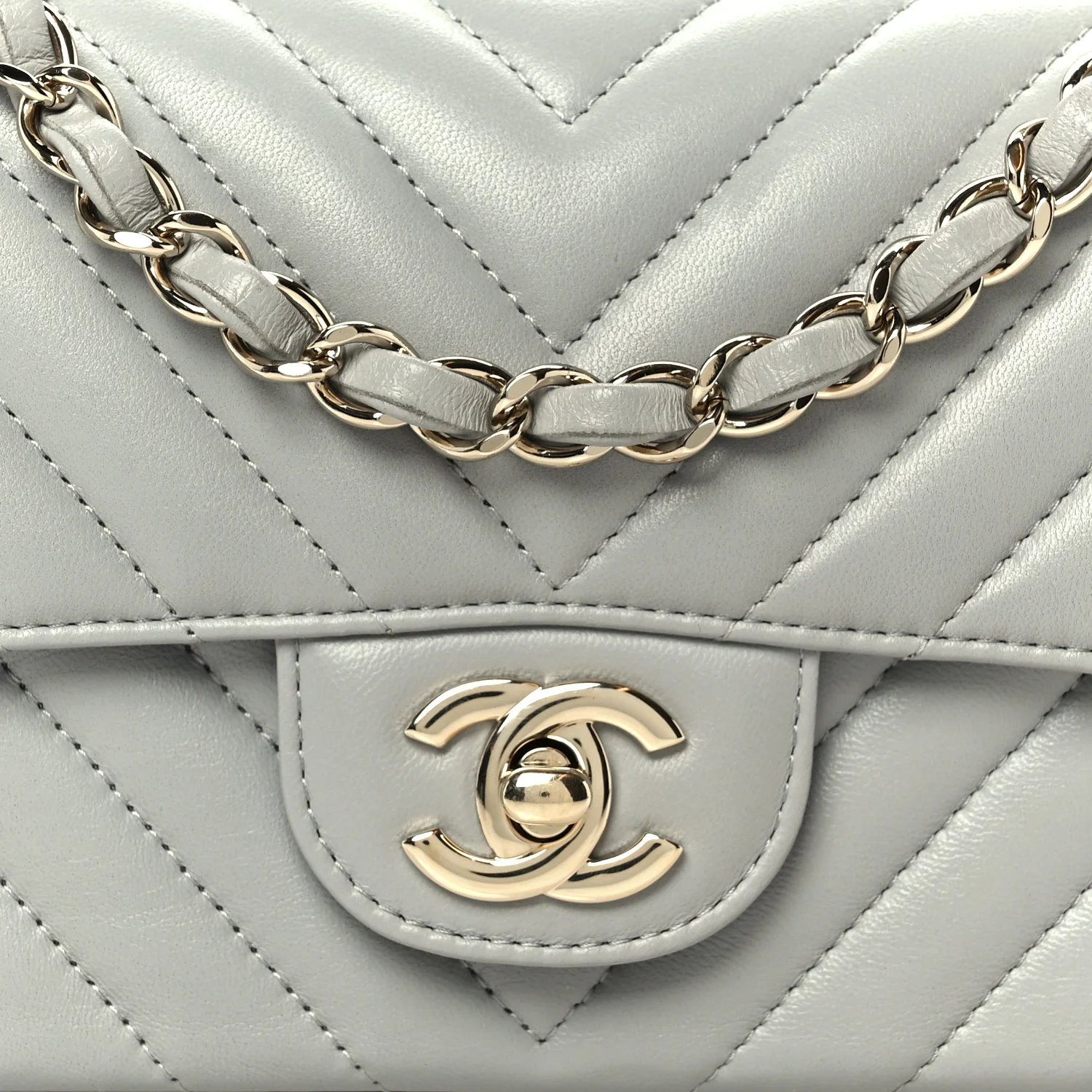 Lambskin Chevron Quilted Mini Rectangular Flap Grey - Image 9
