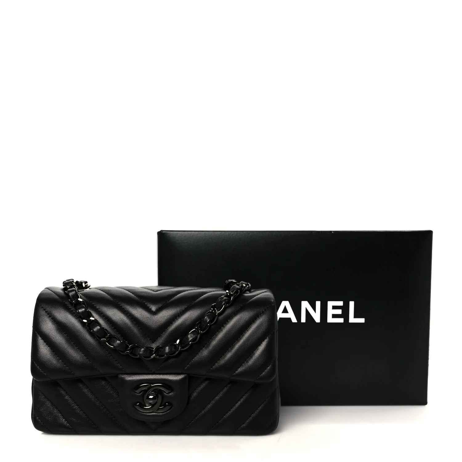 Lambskin Chevron Quilted Mini Rectangular Flap So Black - Image 12