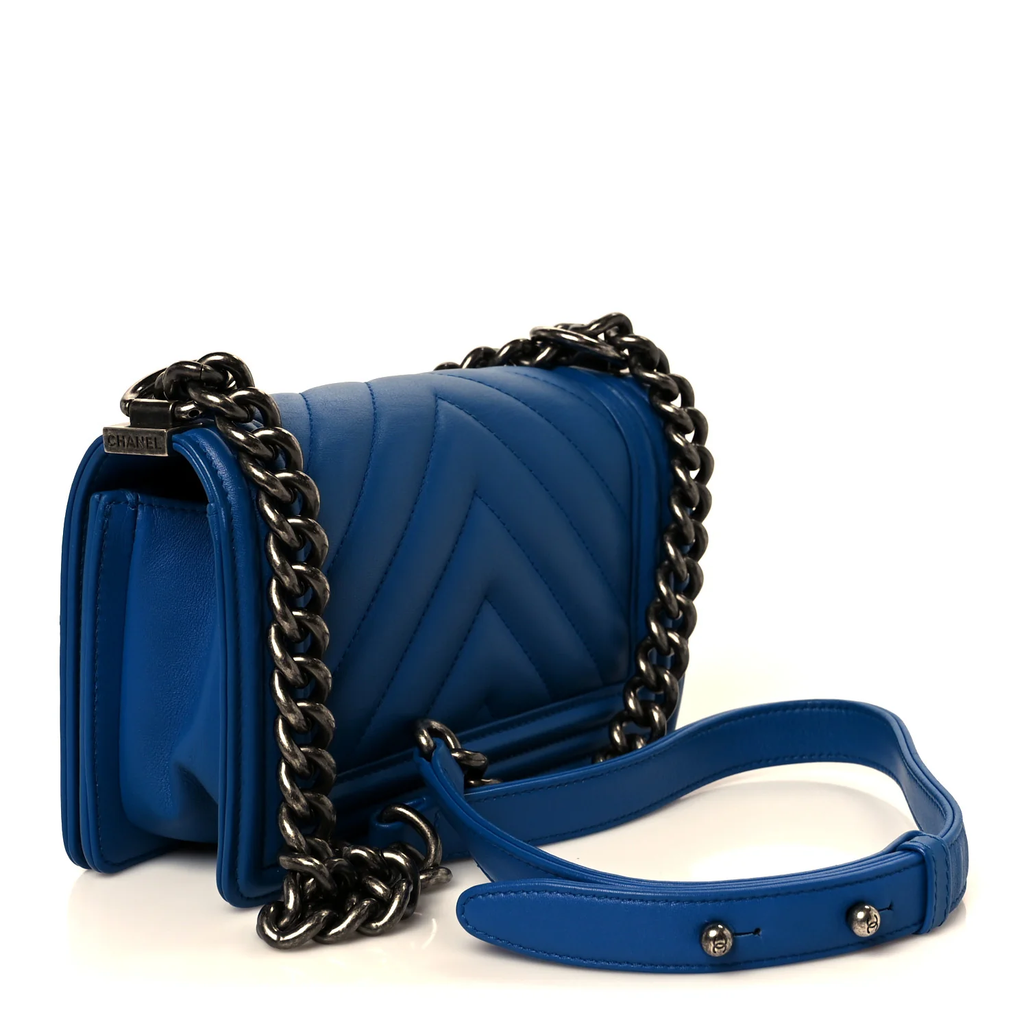 Lambskin Chevron Quilted Small Boy Flap Blue - Image 3