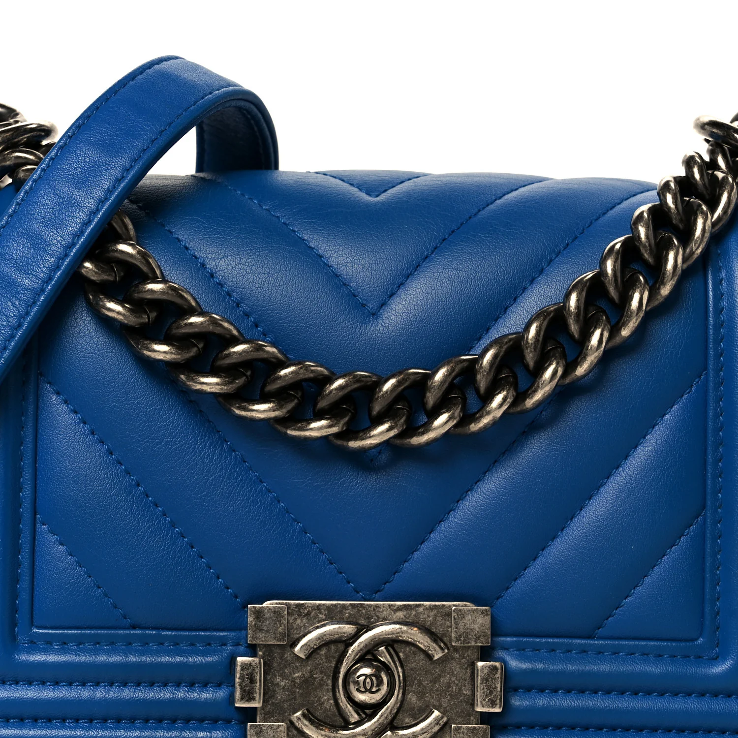 Lambskin Chevron Quilted Small Boy Flap Blue - Image 8
