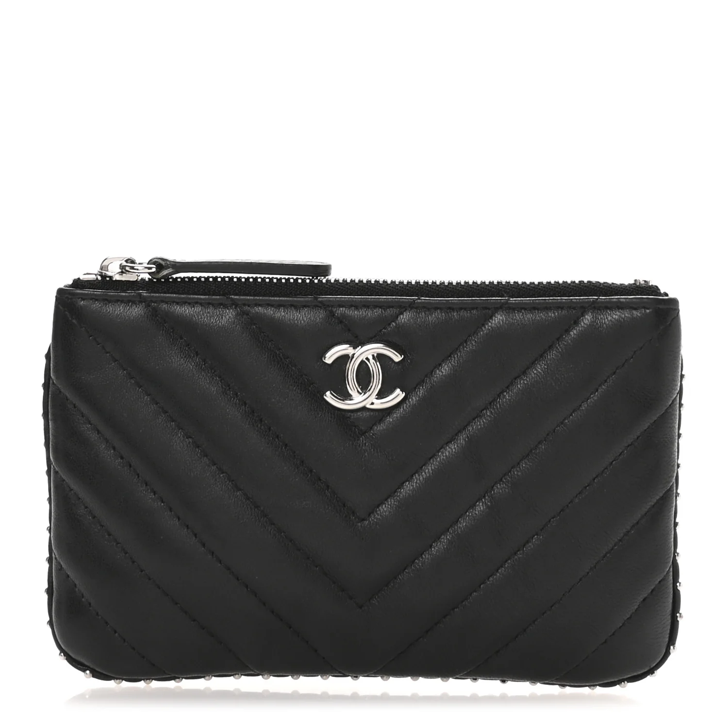 Lambskin Chevron Quilted Studded Small Cosmetic Case Black