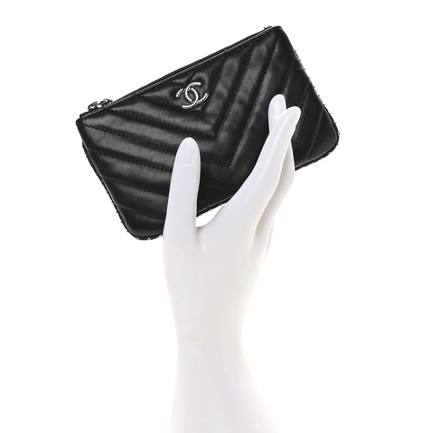 Lambskin Chevron Quilted Studded Small Cosmetic Case Black - Image 2