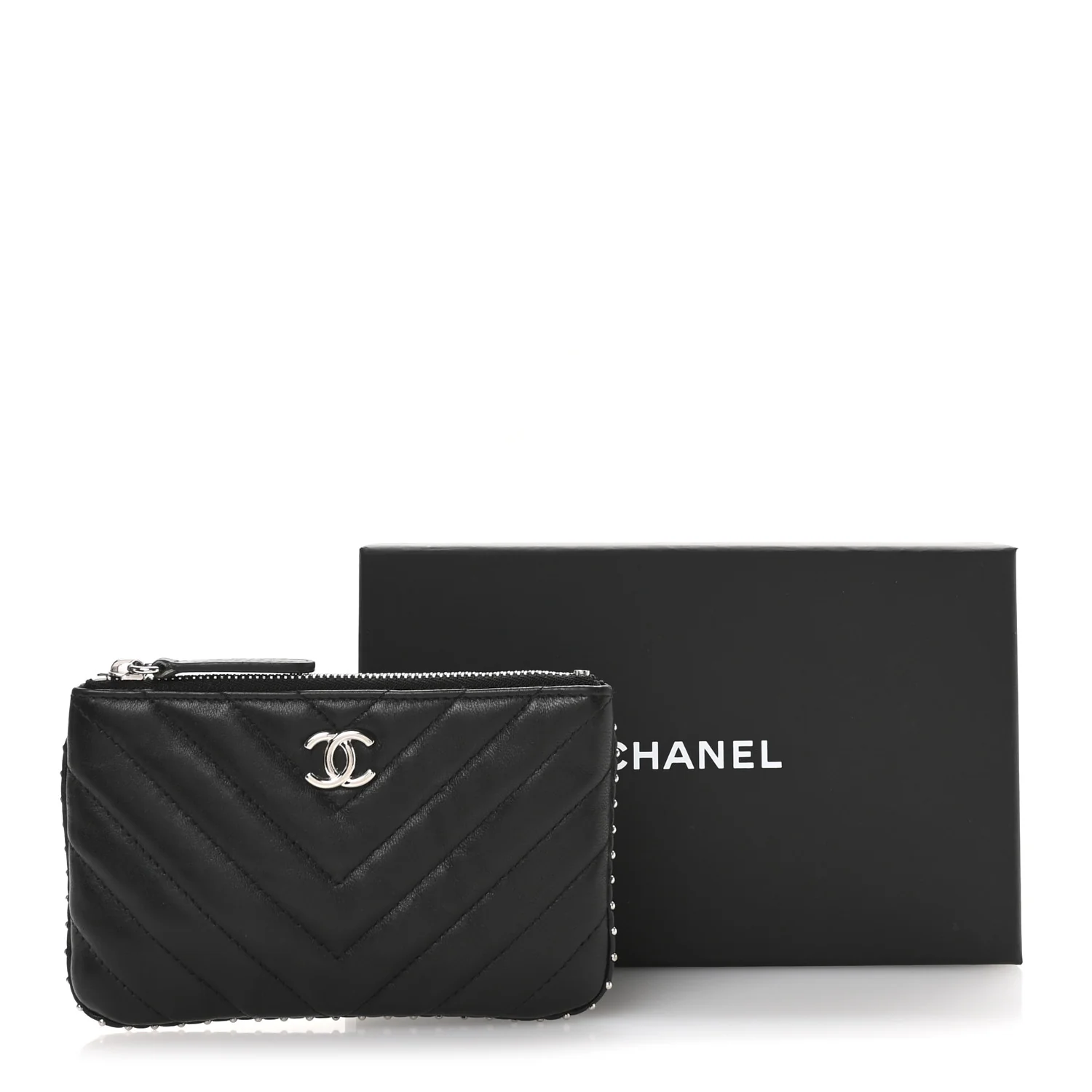 Lambskin Chevron Quilted Studded Small Cosmetic Case Black - Image 8