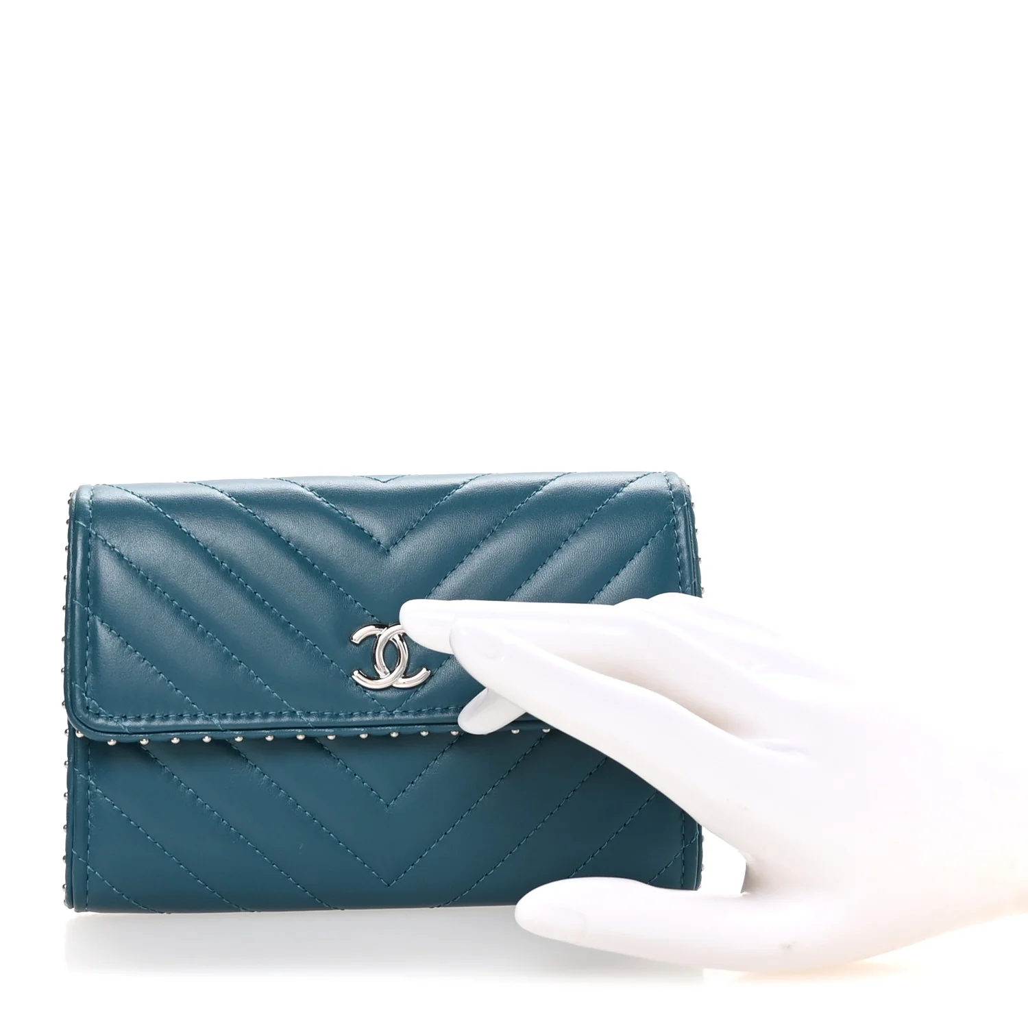 Lambskin Chevron Quilted Studded Small Flap Wallet Teal - Image 2