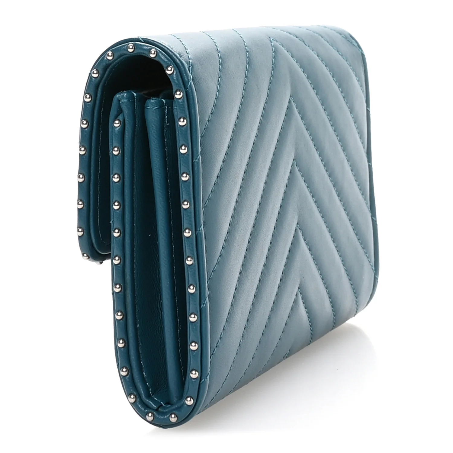 Lambskin Chevron Quilted Studded Small Flap Wallet Teal - Image 3