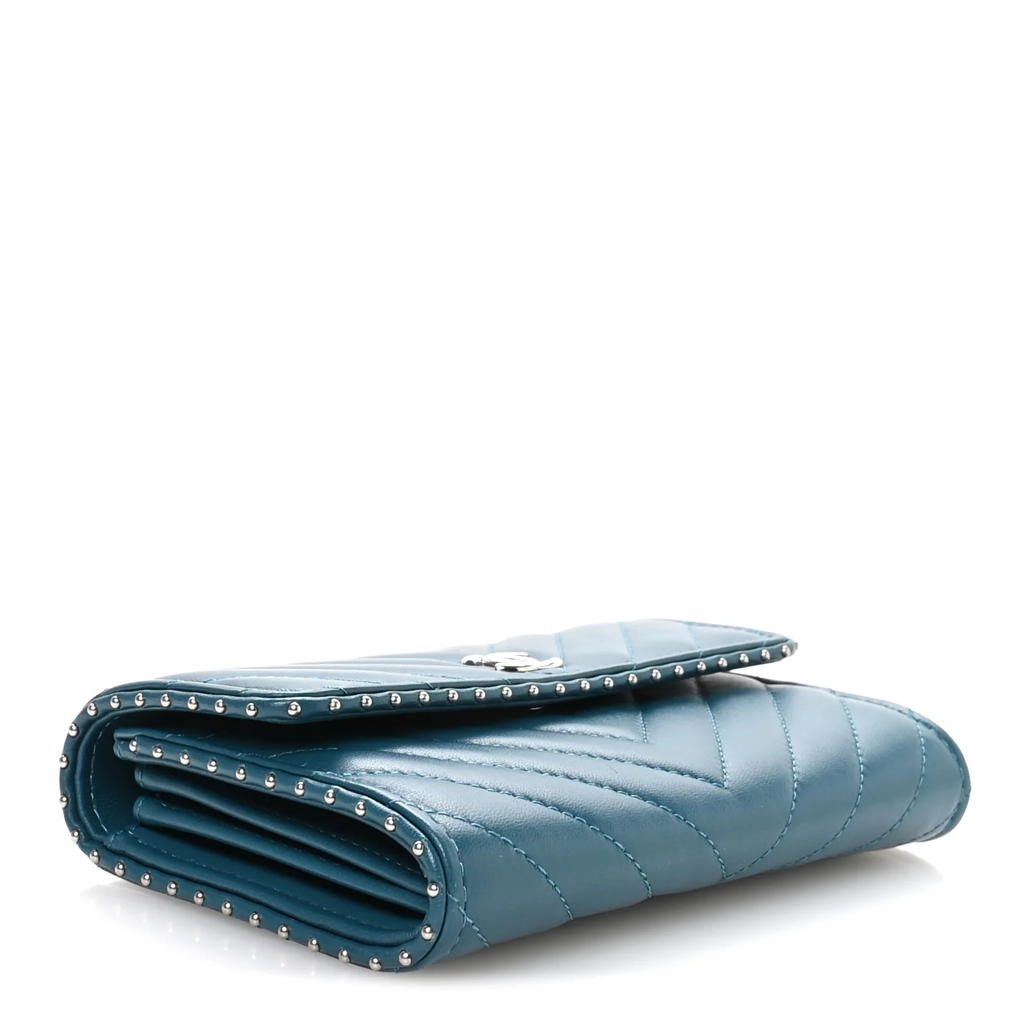 Lambskin Chevron Quilted Studded Small Flap Wallet Teal - Image 4