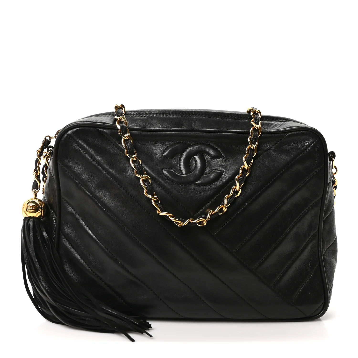 Lambskin Chevron Quilted Tassel Camera Case Black - Image 2
