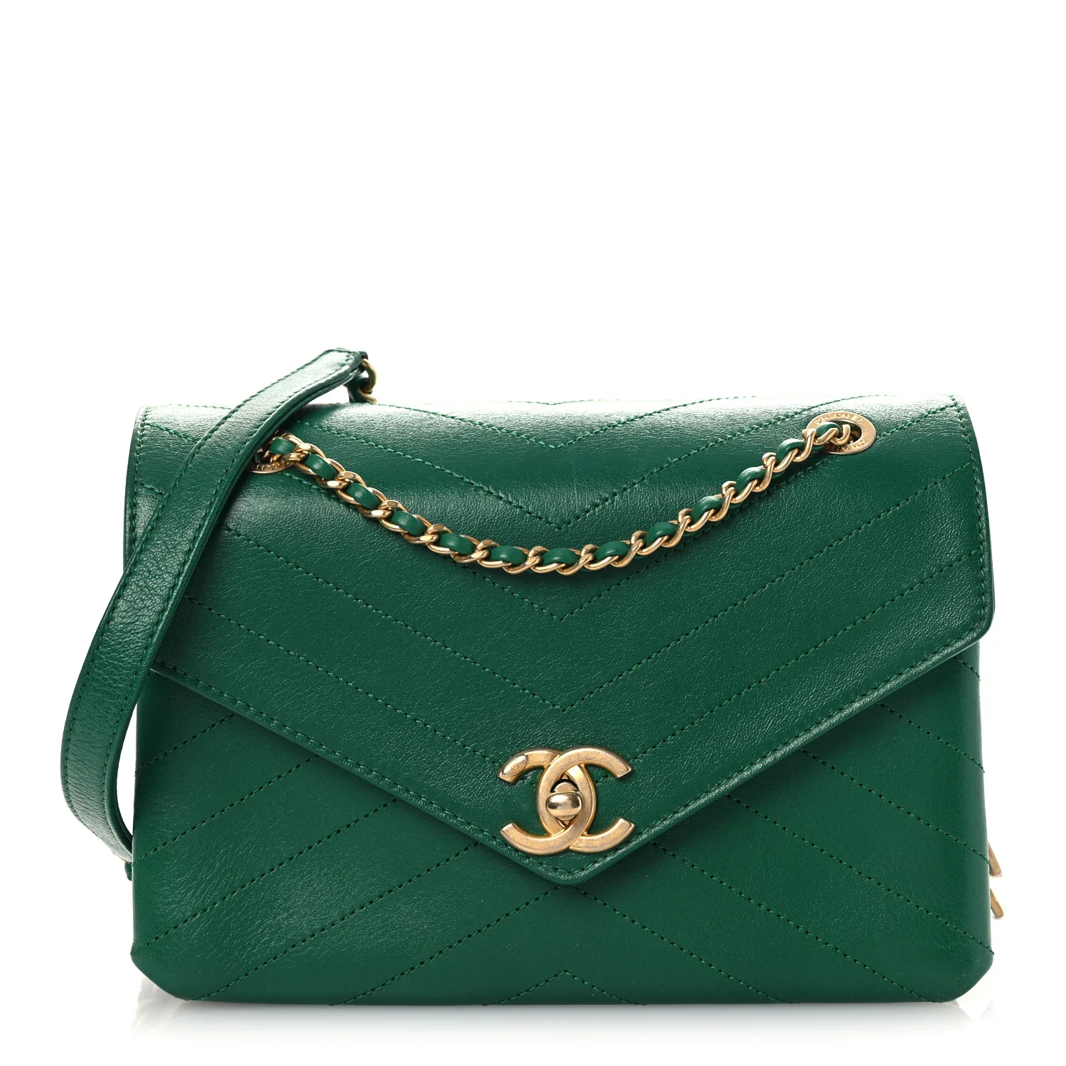 Lambskin Chevron Stitched Envelope Flap Bag Green