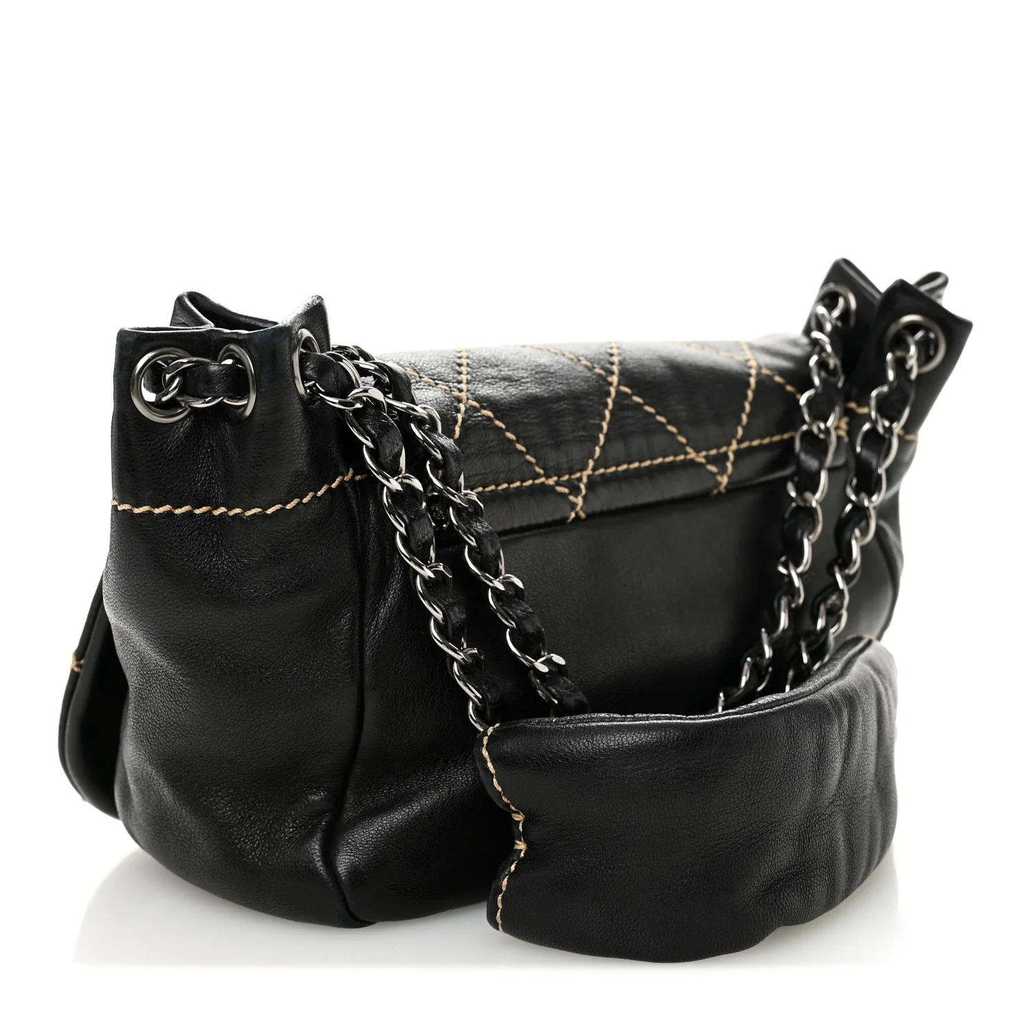 Lambskin Contrast Stitch Small Surpique Accordion Flap Black - Image 3