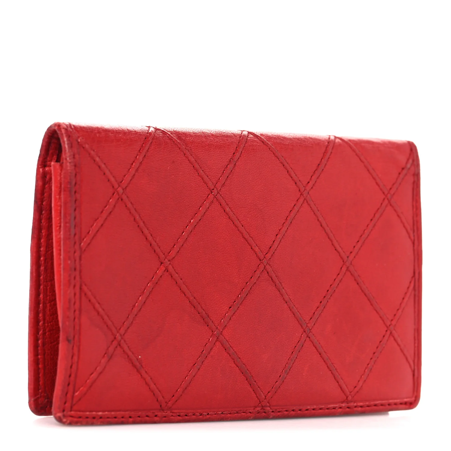 Lambskin Diamond Stitched Flap Card Case Red - Image 3