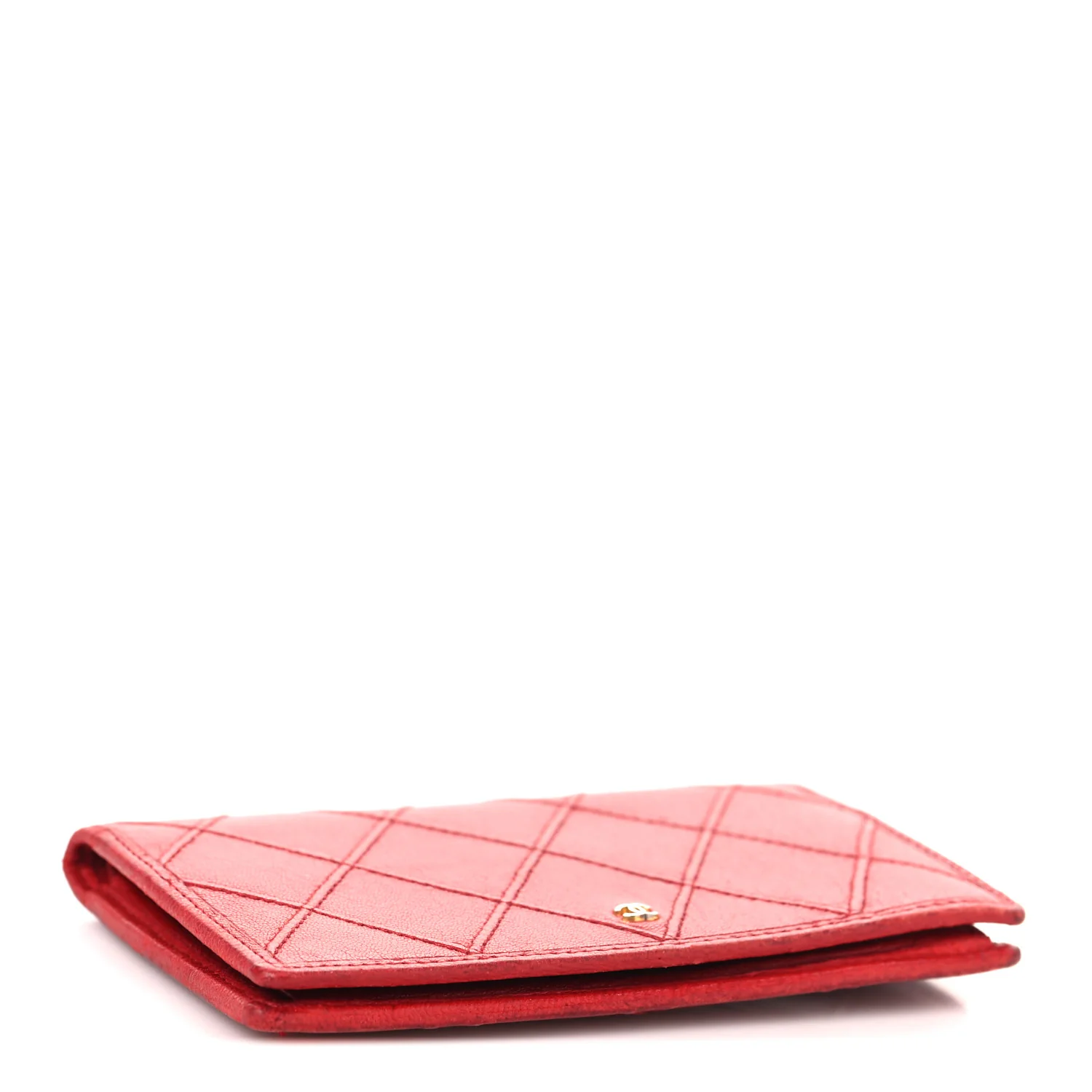 Lambskin Diamond Stitched Flap Card Case Red - Image 4