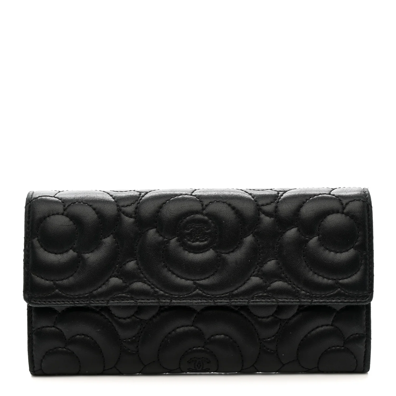 Lambskin Embossed Camellia Flap Wallet Black