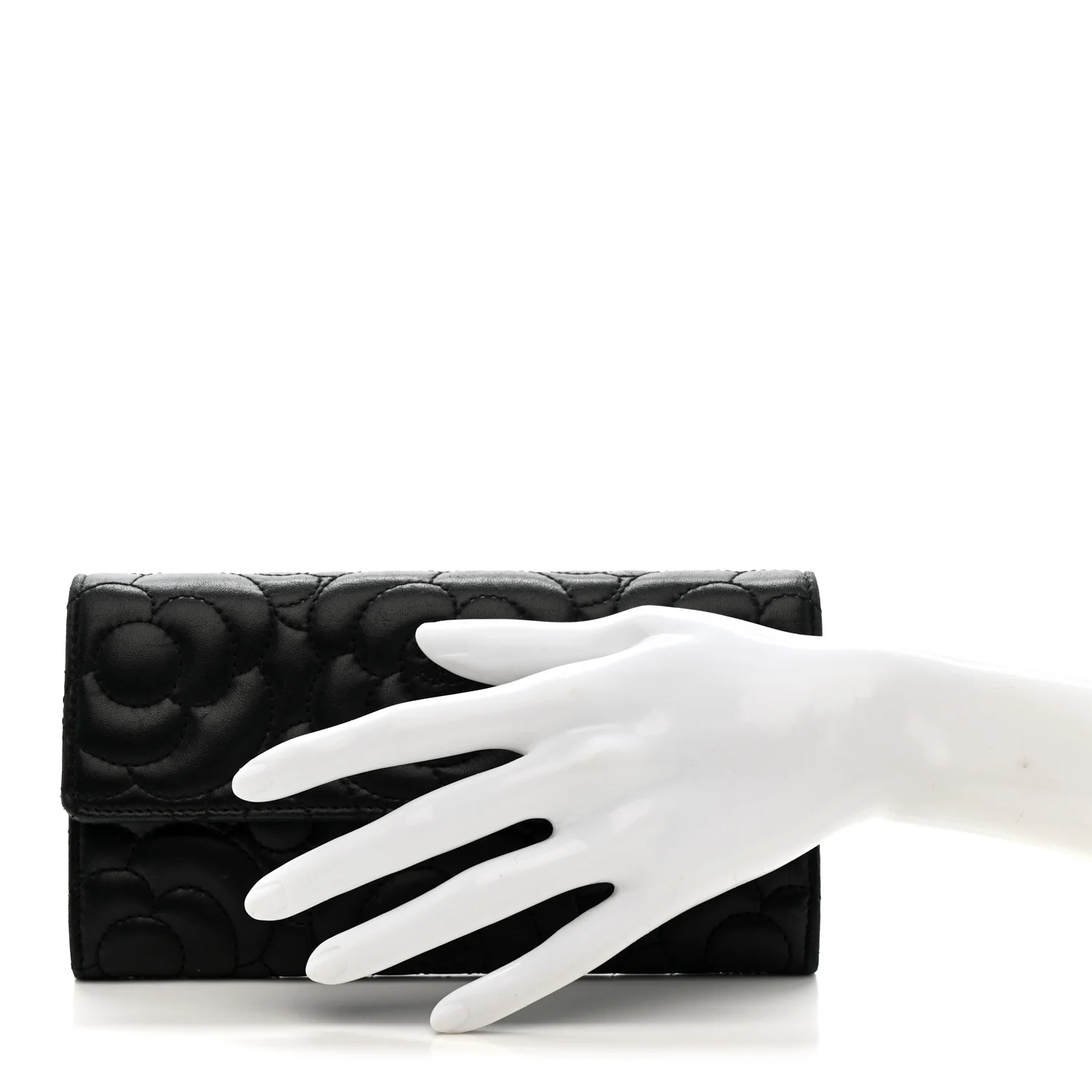 Lambskin Embossed Camellia Flap Wallet Black - Image 2