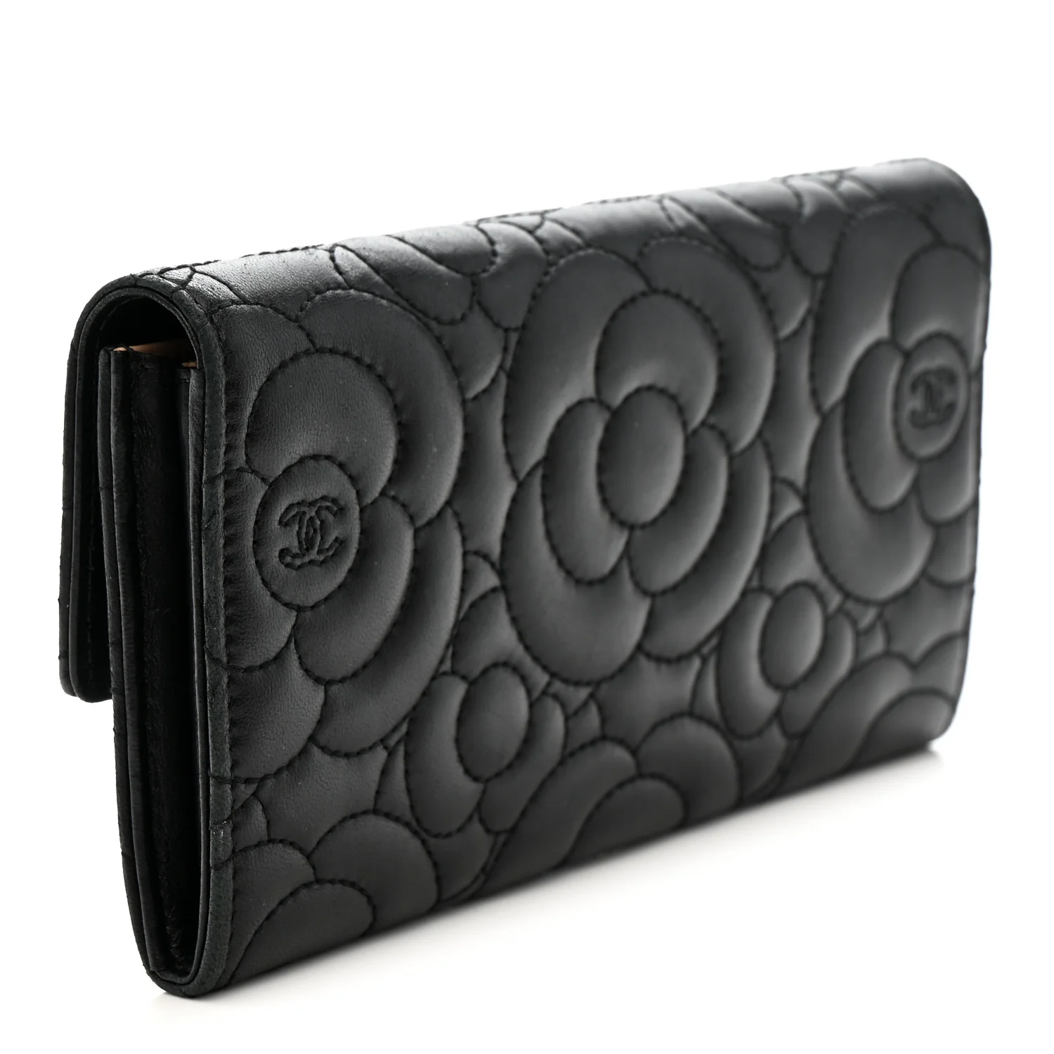 Lambskin Embossed Camellia Flap Wallet Black - Image 3