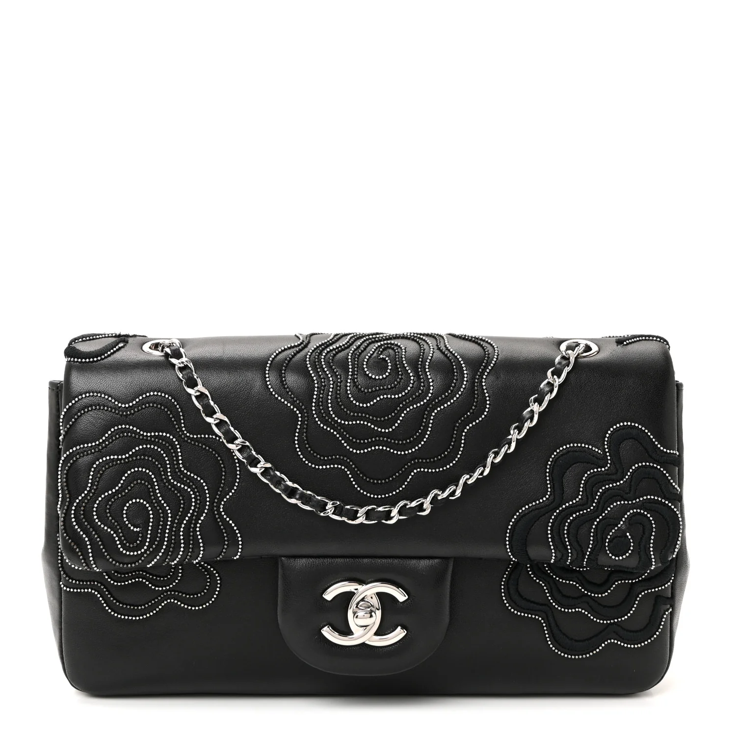 Lambskin Embroidered Camellia Follies Flap Black