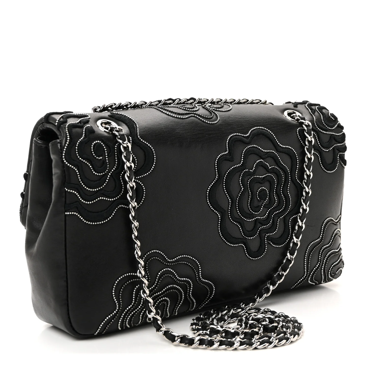Lambskin Embroidered Camellia Follies Flap Black - Image 3