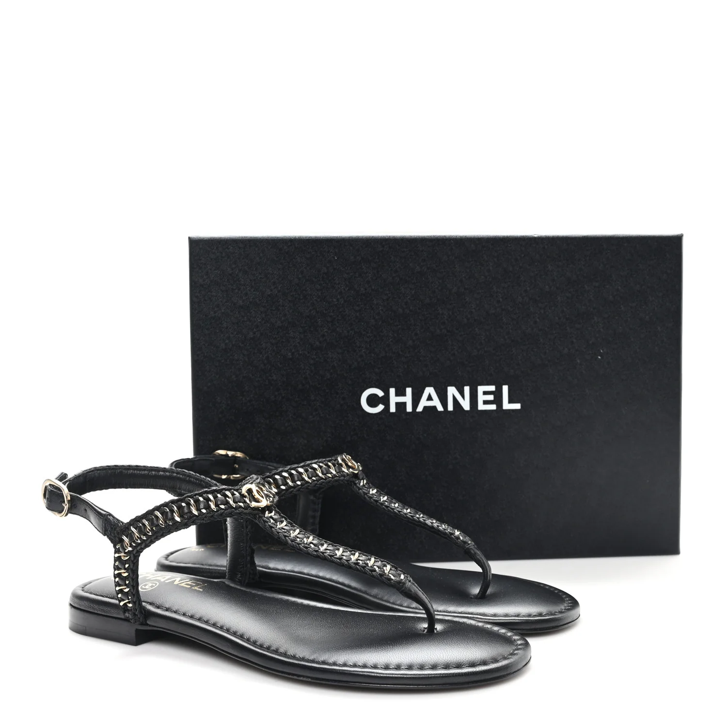 Lambskin Embroidered CC Thong Sandals 39.5 Black - Image 10