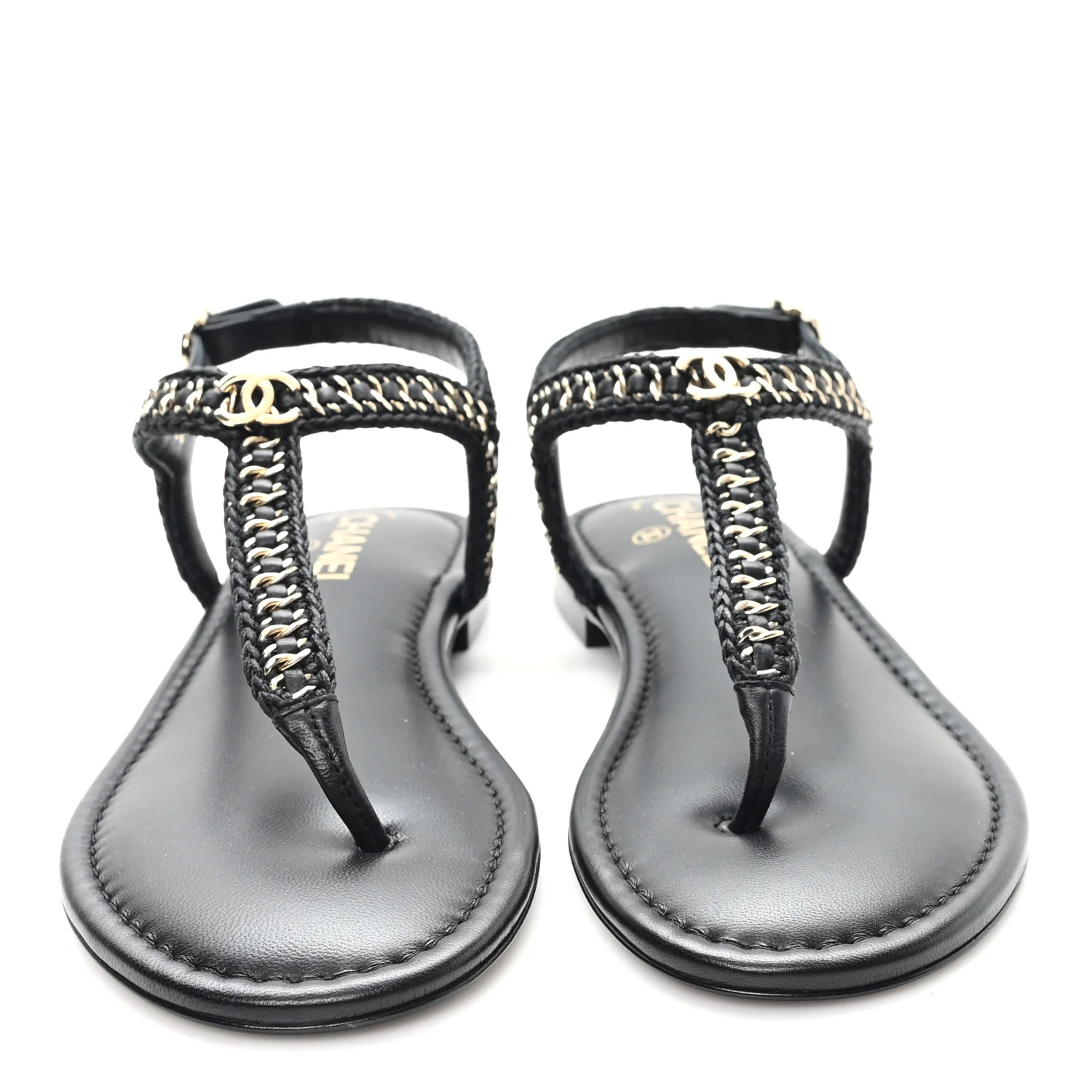 Lambskin Embroidered CC Thong Sandals 39.5 Black - Image 3