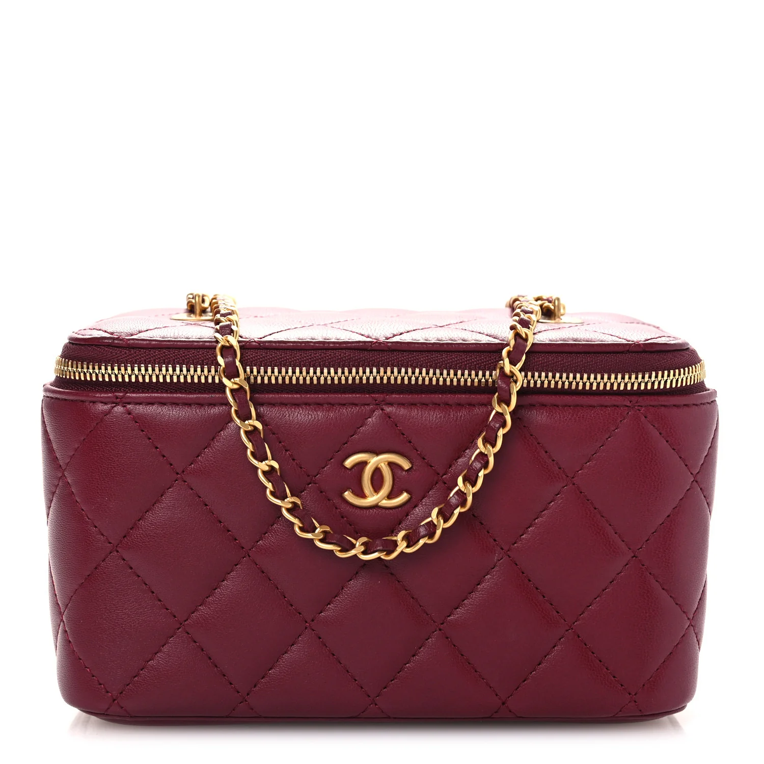 Lambskin Enamel Quilted Small Coco Hearts Vanity Case With Chain Burgundy