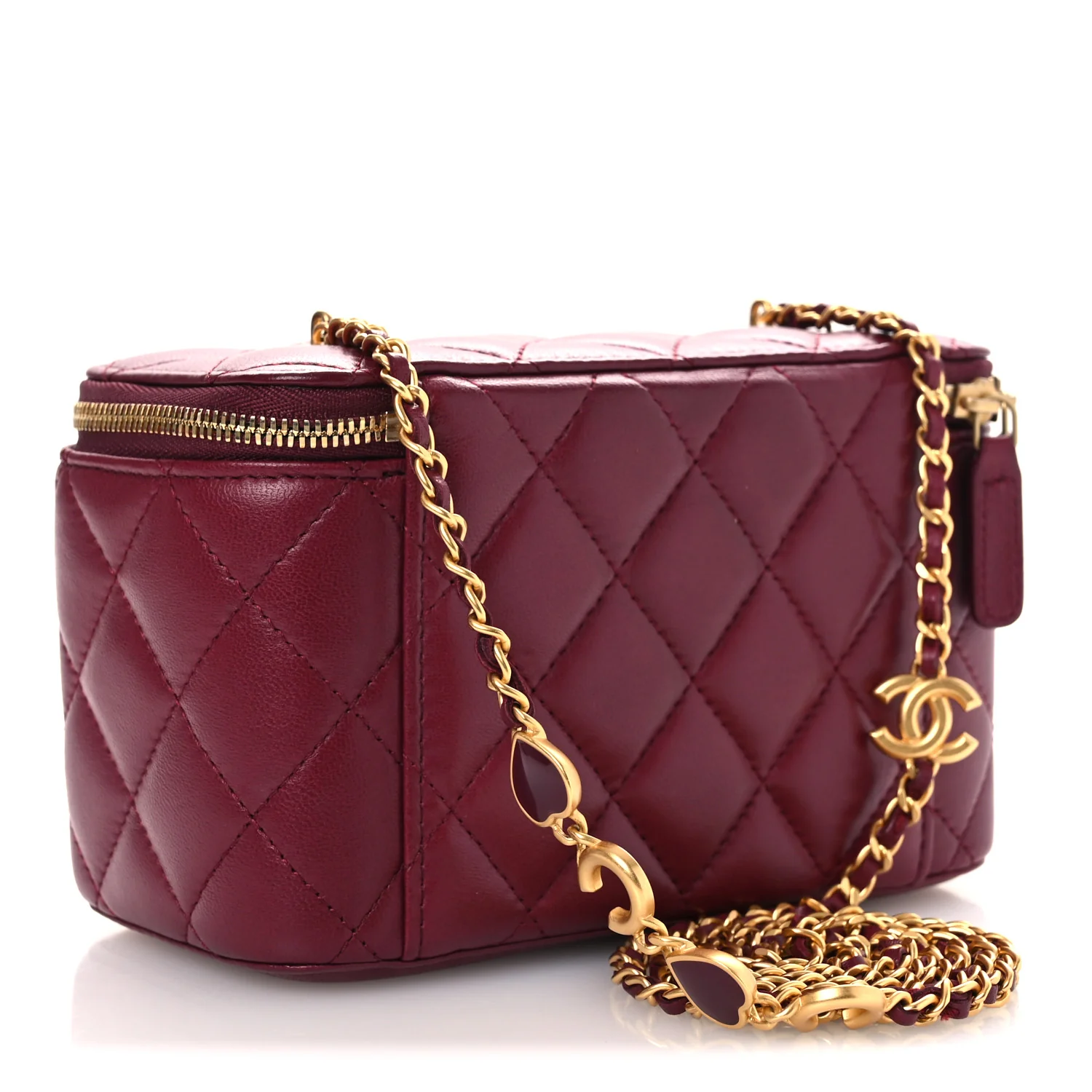 Lambskin Enamel Quilted Small Coco Hearts Vanity Case With Chain Burgundy - Image 3