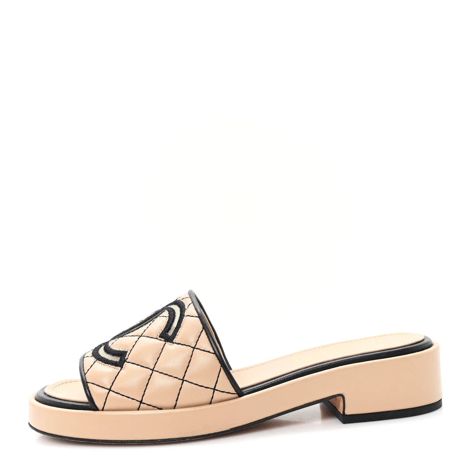 Lambskin Fabric CC Slide Sandals 38 Beige Black