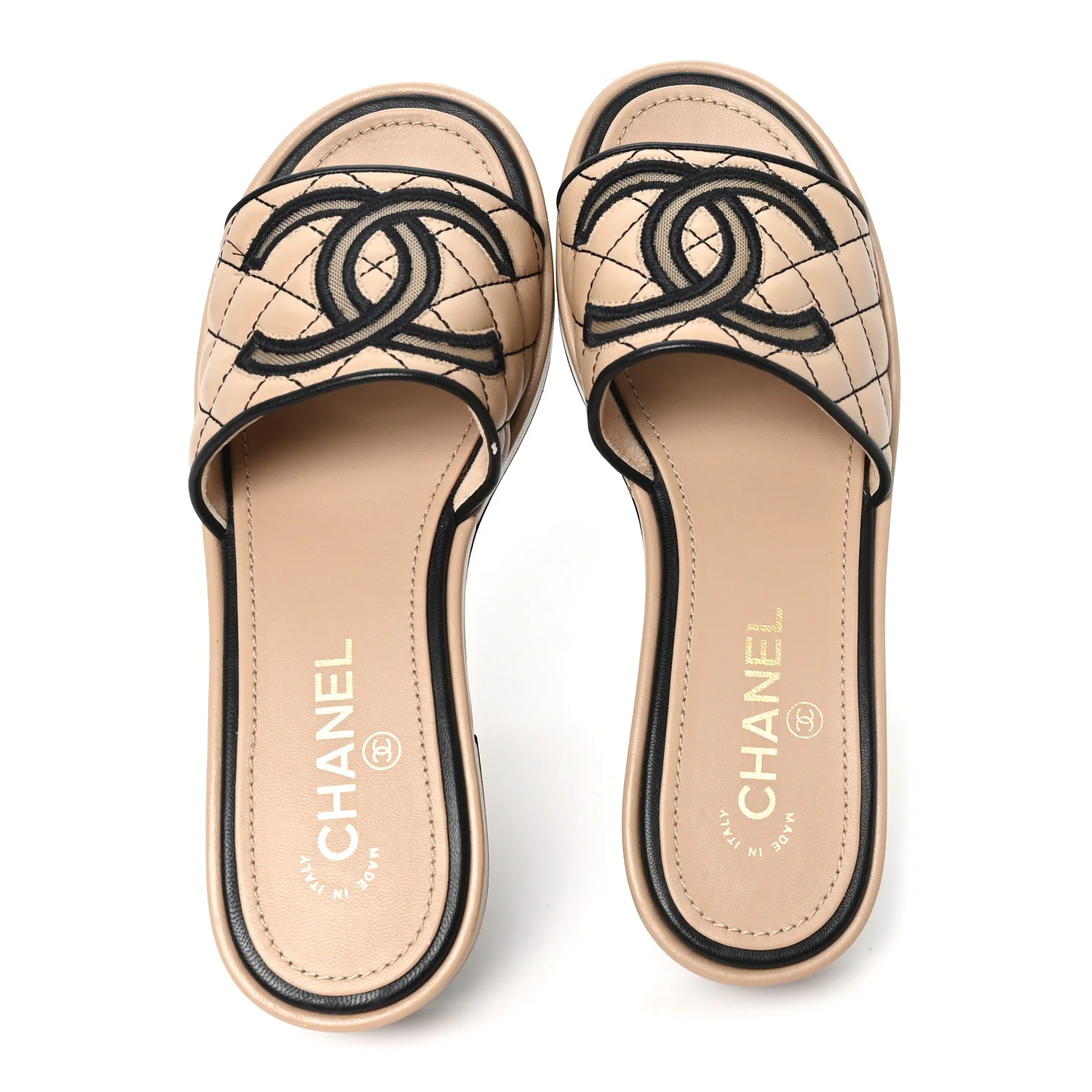 Lambskin Fabric CC Slide Sandals 38 Beige Black - Image 2