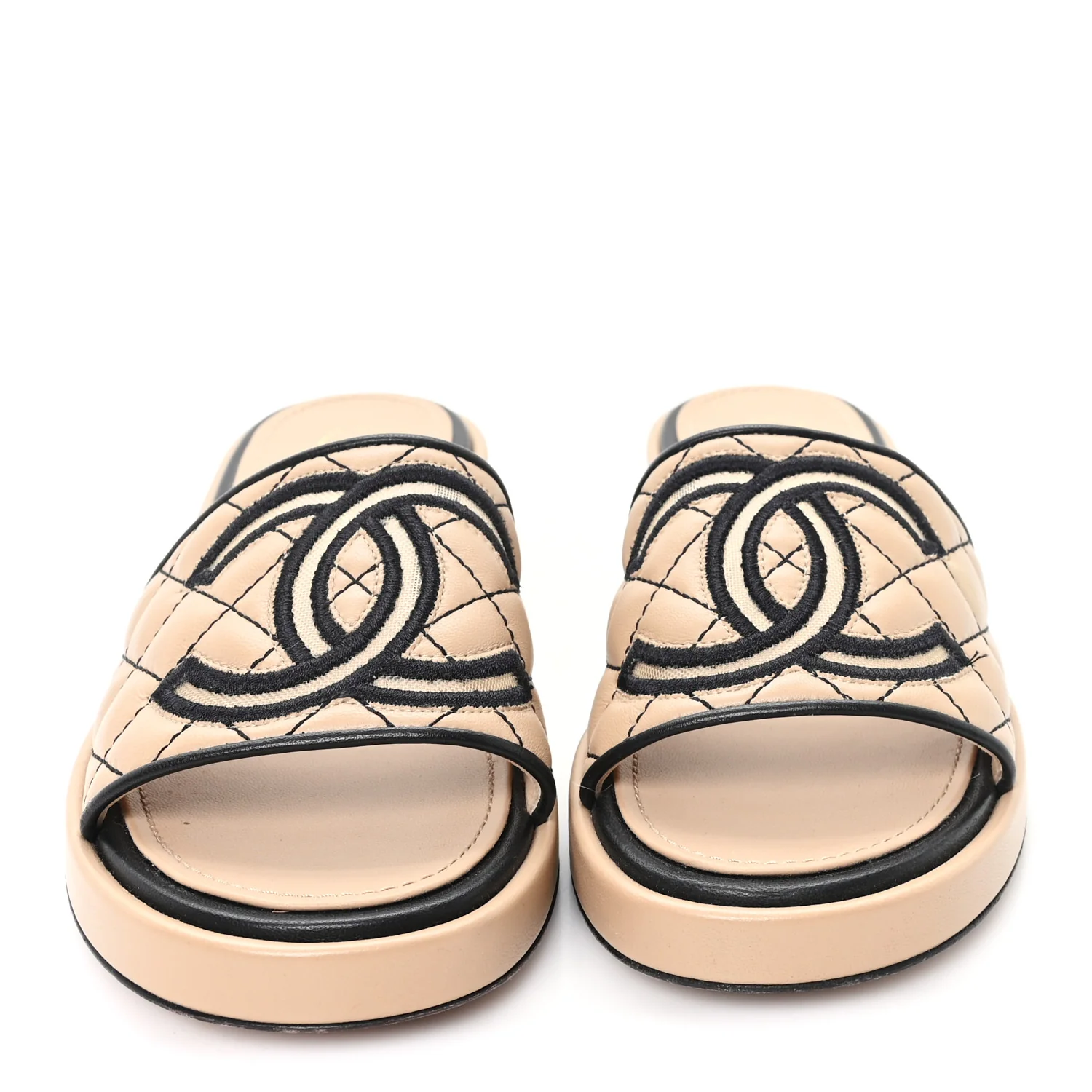 Lambskin Fabric CC Slide Sandals 38 Beige Black - Image 3