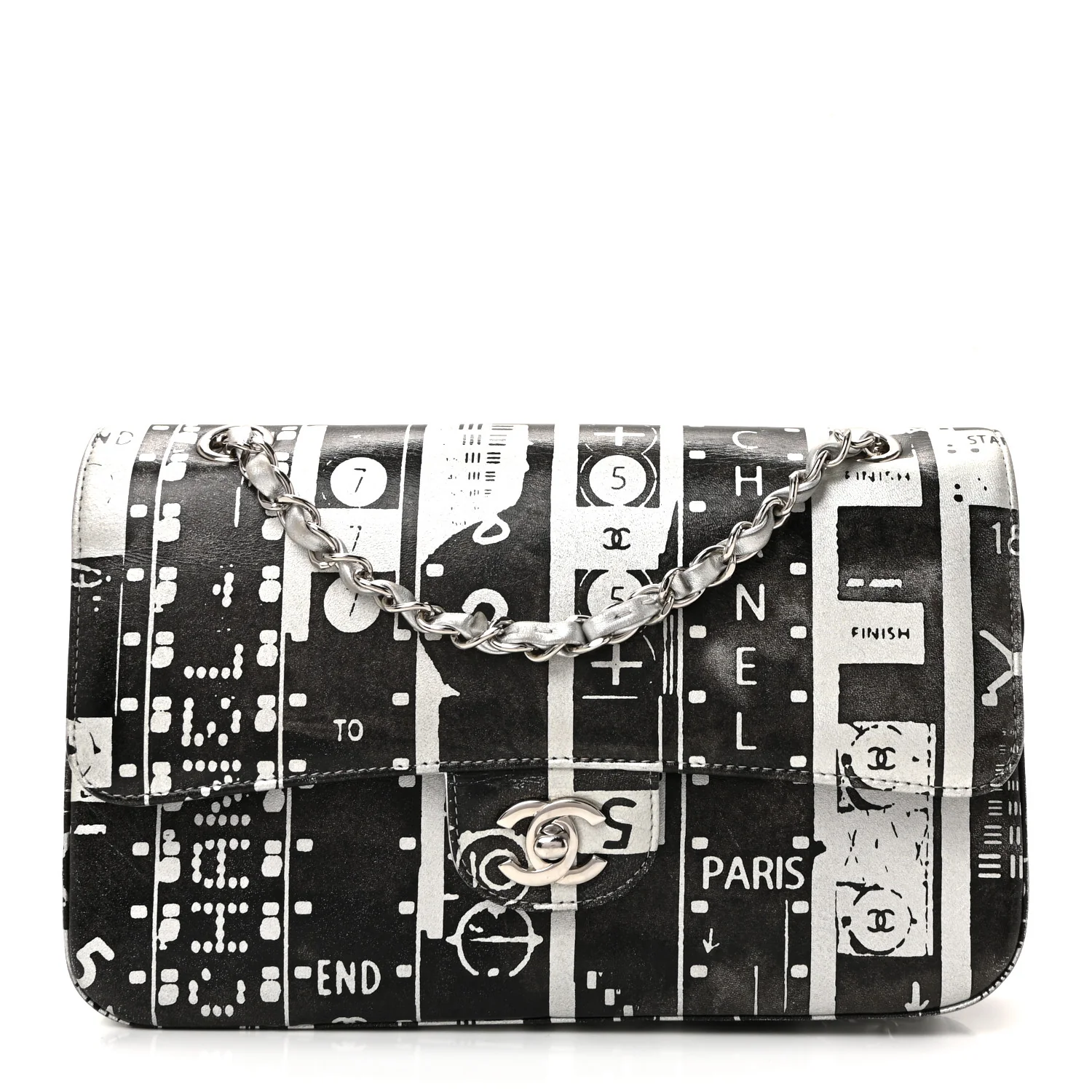Lambskin Graffiti Printed Medium Double Flap Black Silver