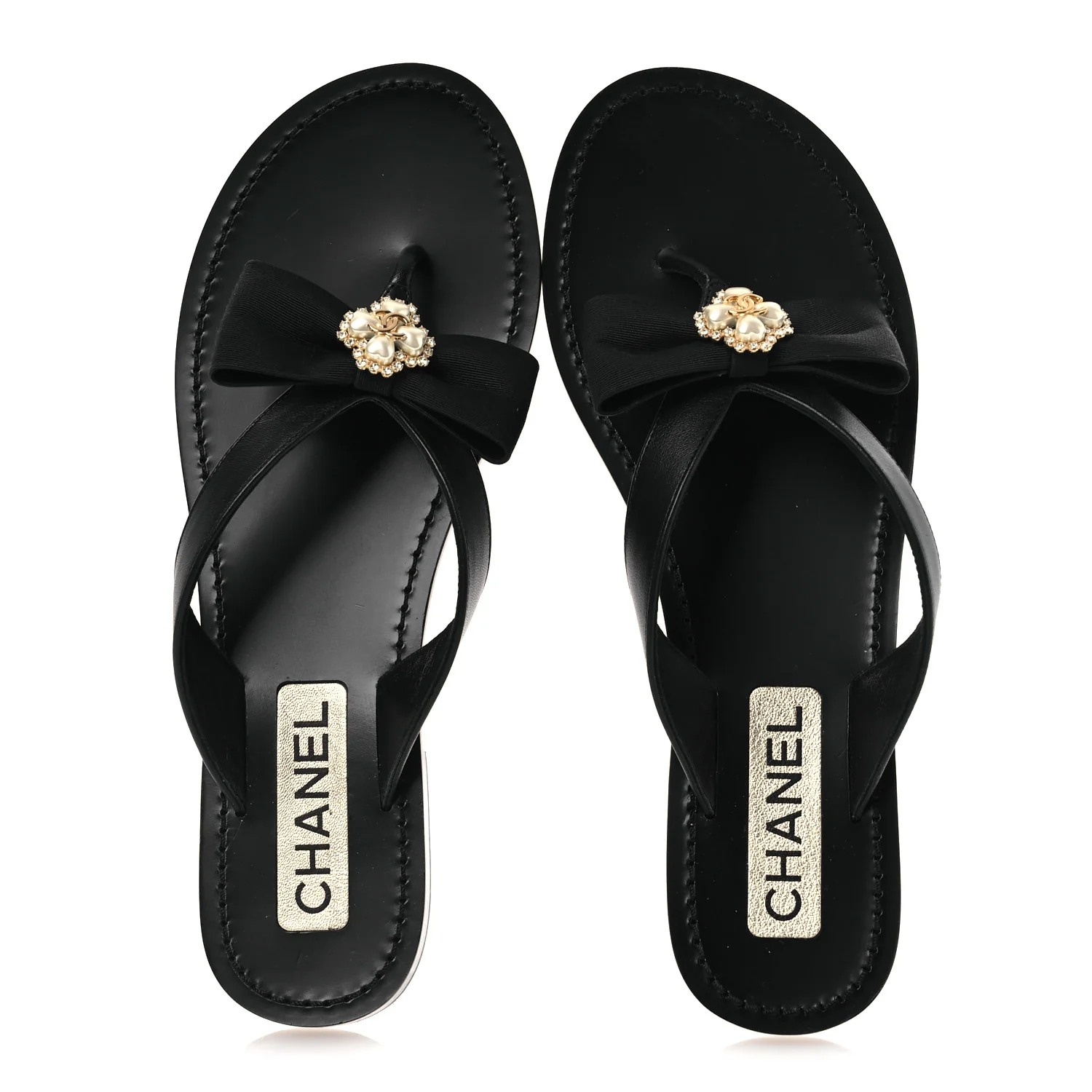 Lambskin Grosgrain Bow Pearl Thong Sandals 39 Black - Image 3
