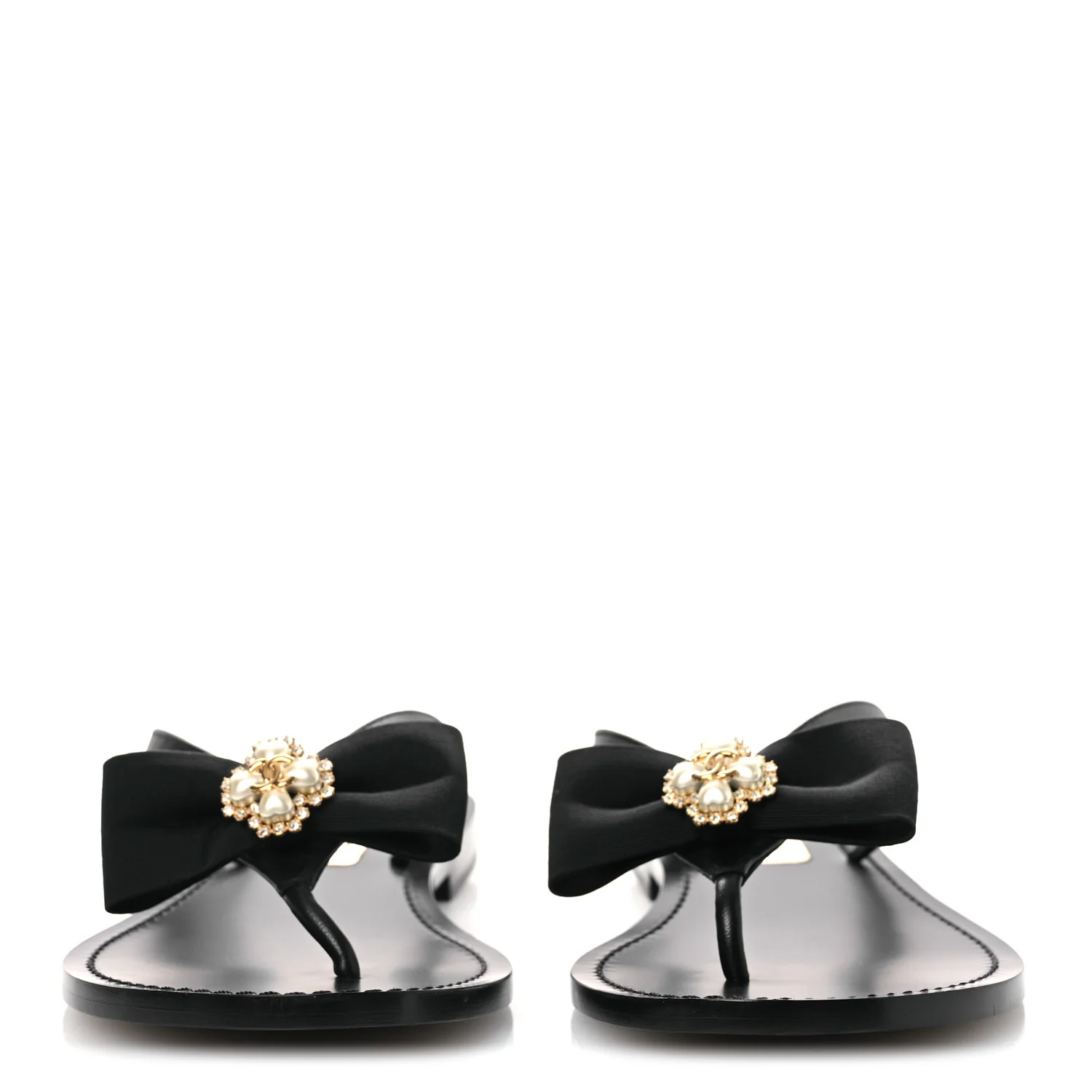 Lambskin Grosgrain Bow Pearl Thong Sandals 39 Black - Image 6