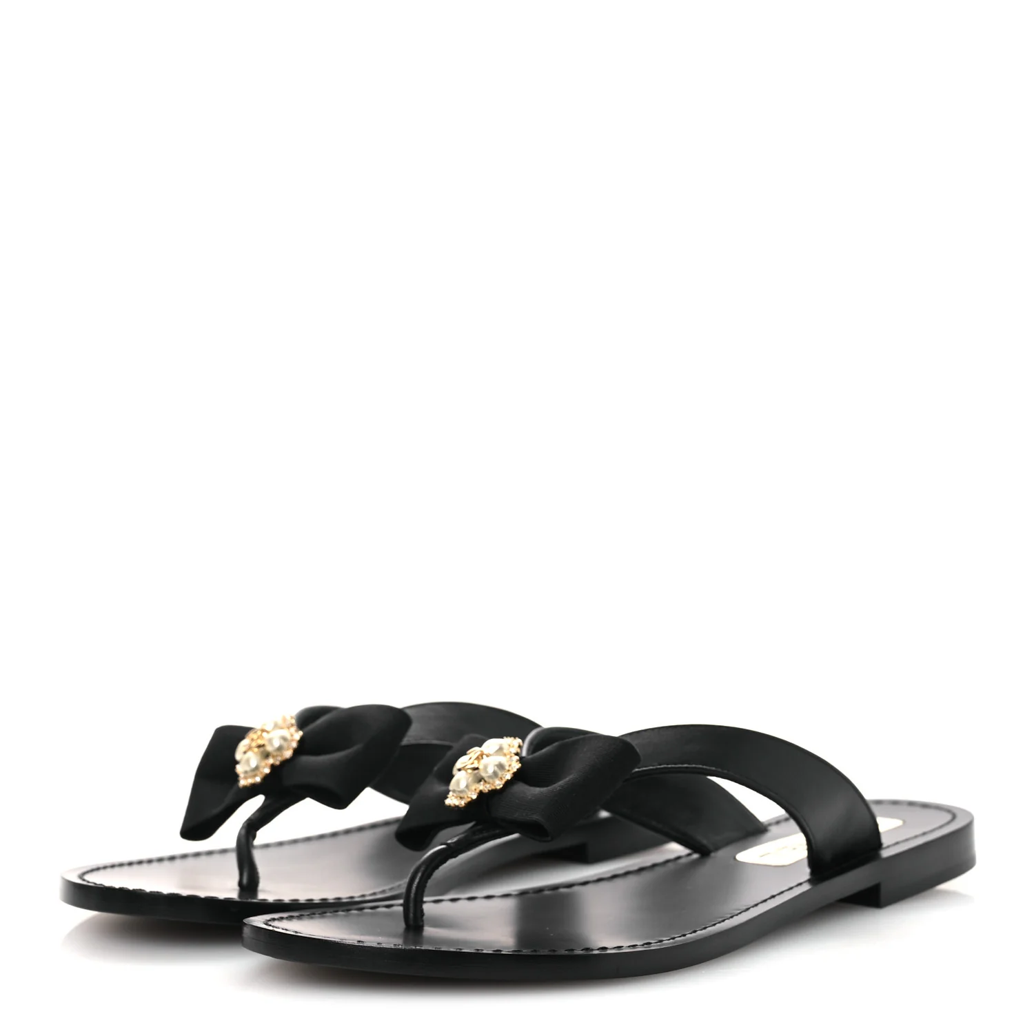 Lambskin Grosgrain Bow Pearl Thong Sandals 39 Black - Image 8