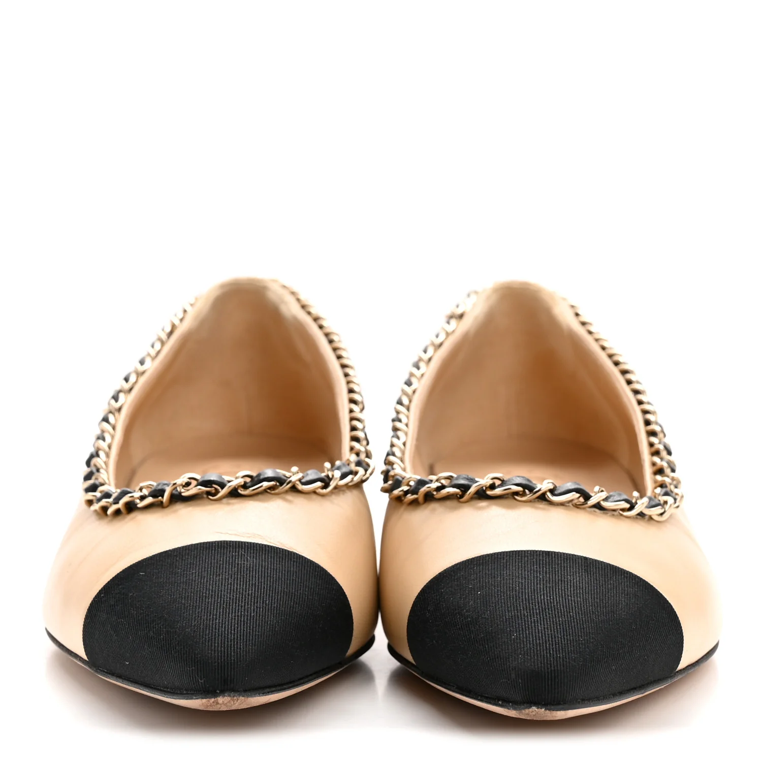 Lambskin Grosgrain Chain Cap Toe Flats 37.5 Beige Black - Image 3